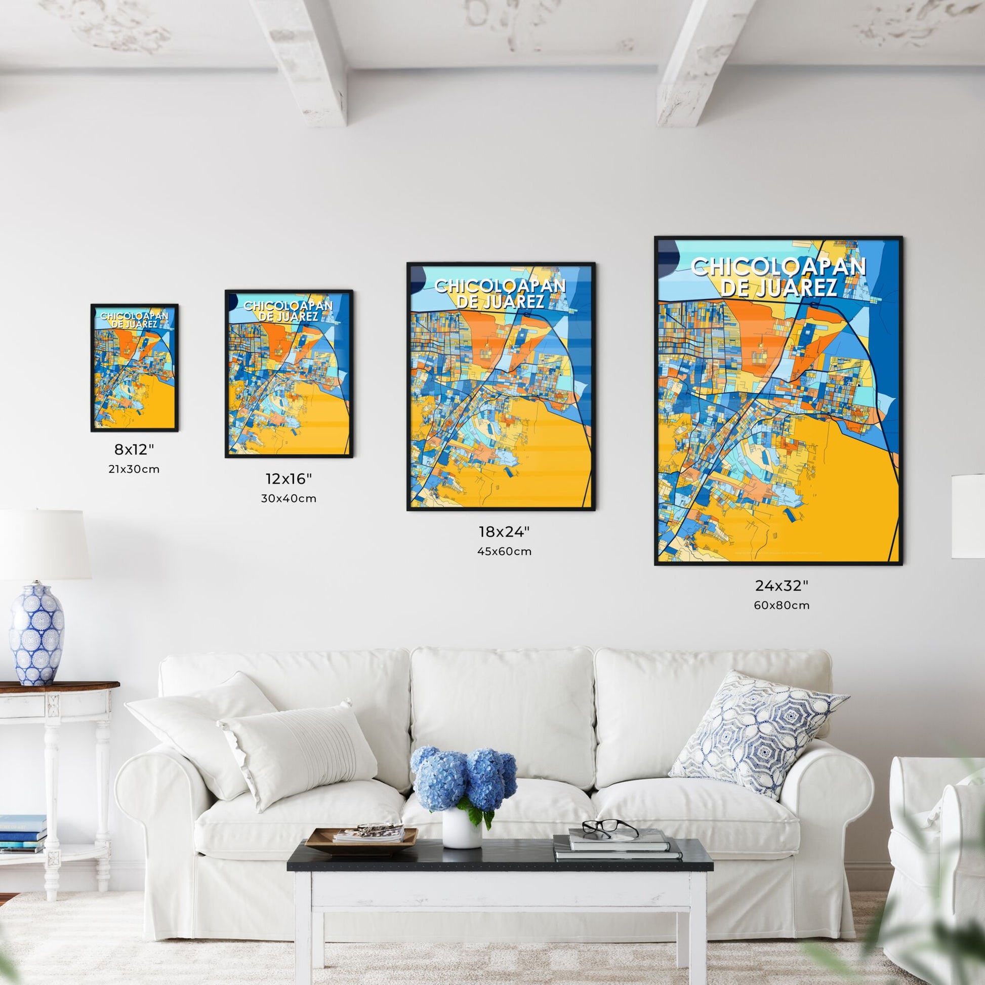 CHICOLOAPAN DE JUÁREZ MEXICO Vibrant Colorful Art Map Poster Blue Orange