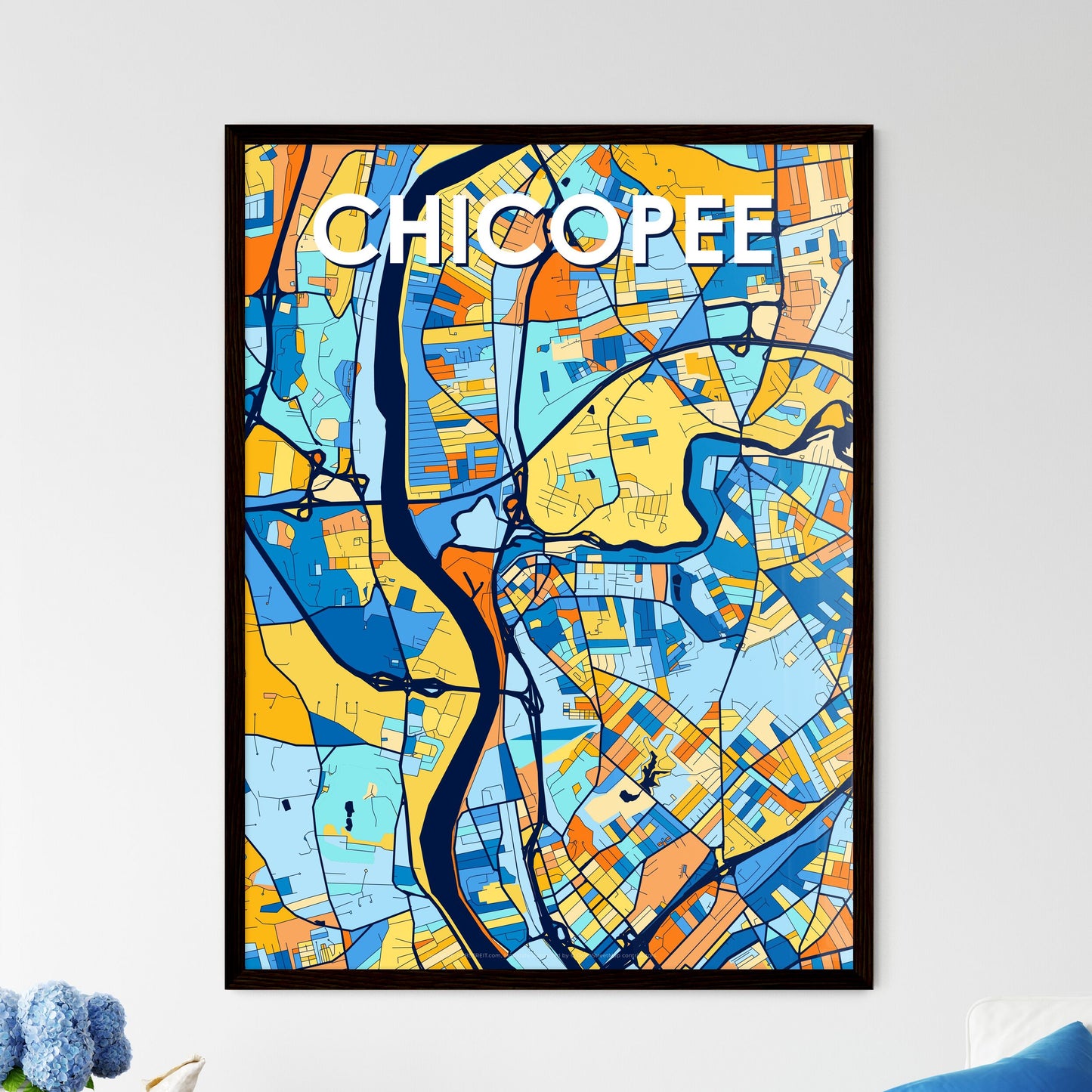 CHICOPEE MASSACHUSETTS Vibrant Colorful Art Map Poster Blue Orange