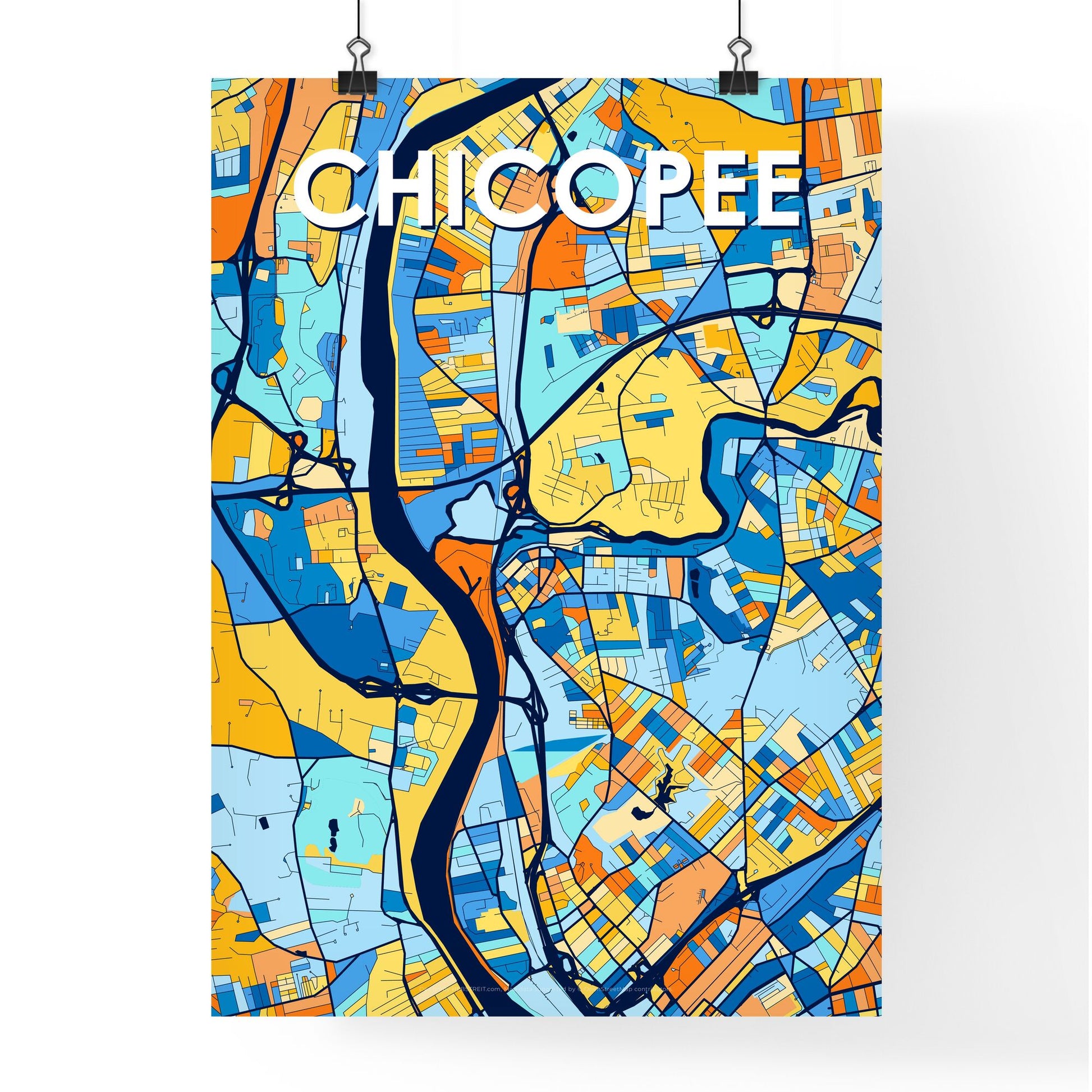 CHICOPEE MASSACHUSETTS Vibrant Colorful Art Map Poster Blue Orange