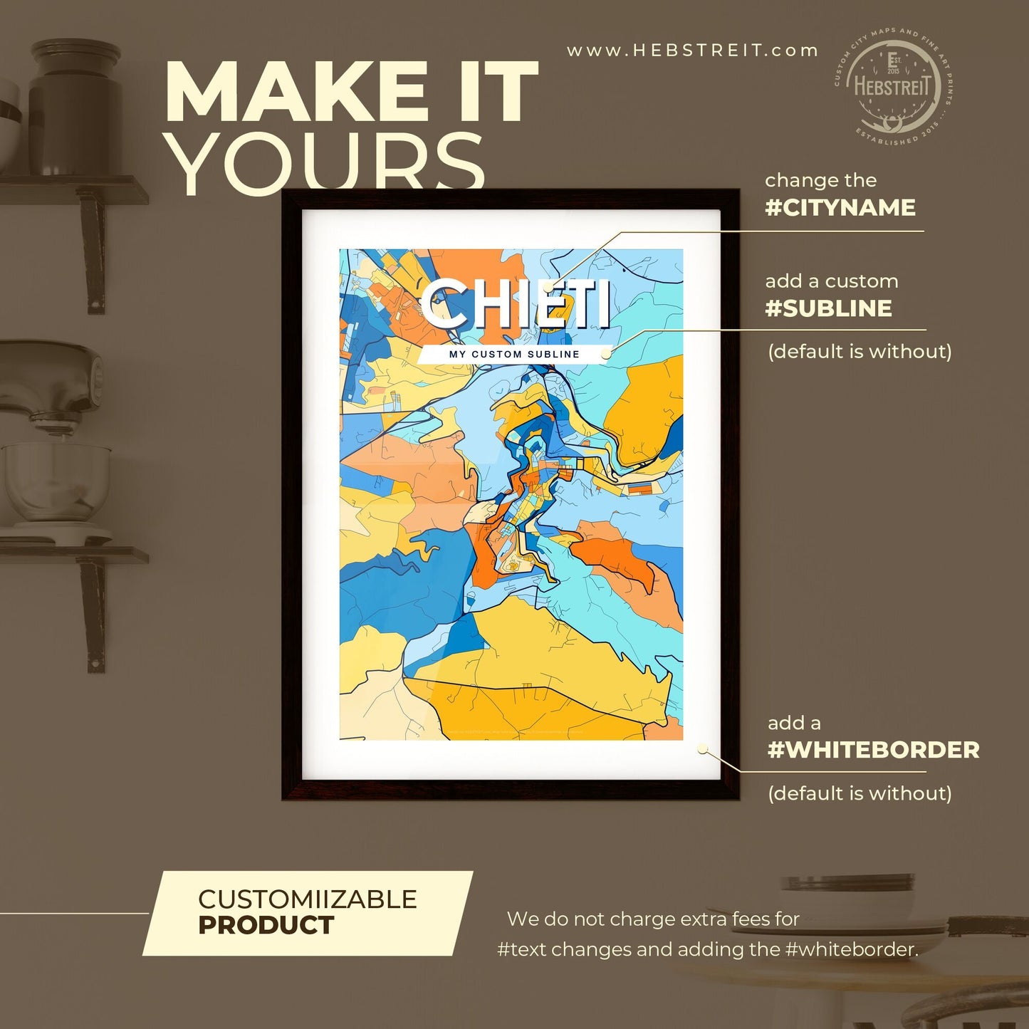 CHIETI ITALY Vibrant Colorful Art Map Poster Blue Orange