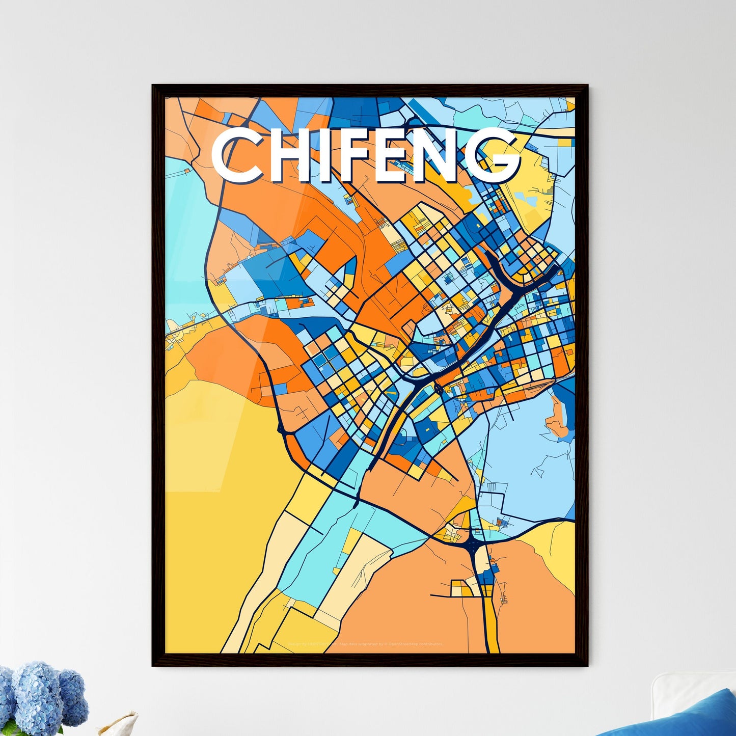 CHIFENG CHINA Vibrant Colorful Art Map Poster Blue Orange