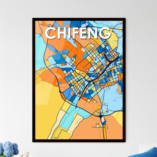 CHIFENG CHINA Vibrant Colorful Art Map Poster Blue Orange