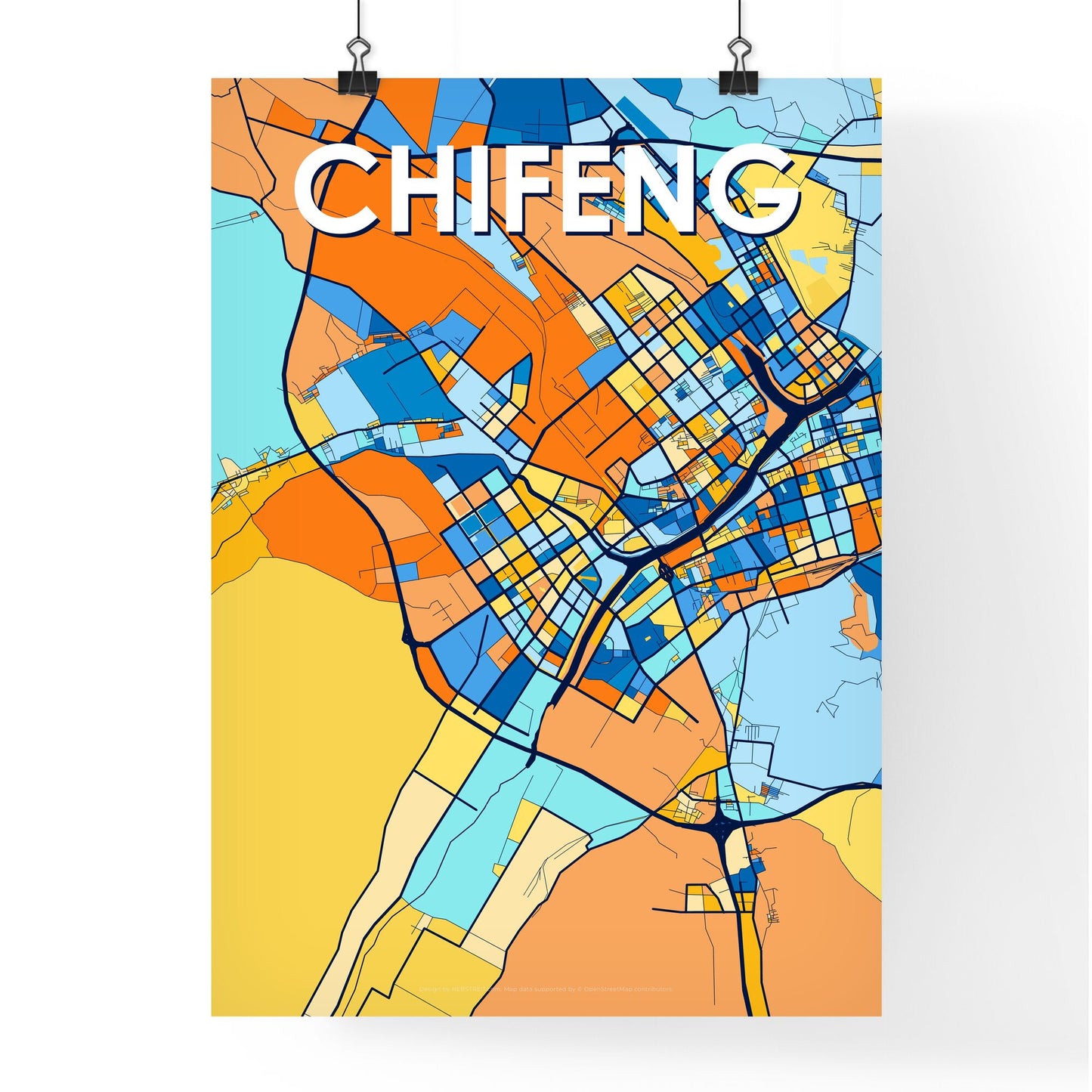 CHIFENG CHINA Vibrant Colorful Art Map Poster Blue Orange