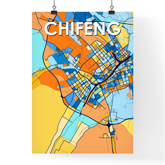 CHIFENG CHINA Vibrant Colorful Art Map Poster Blue Orange