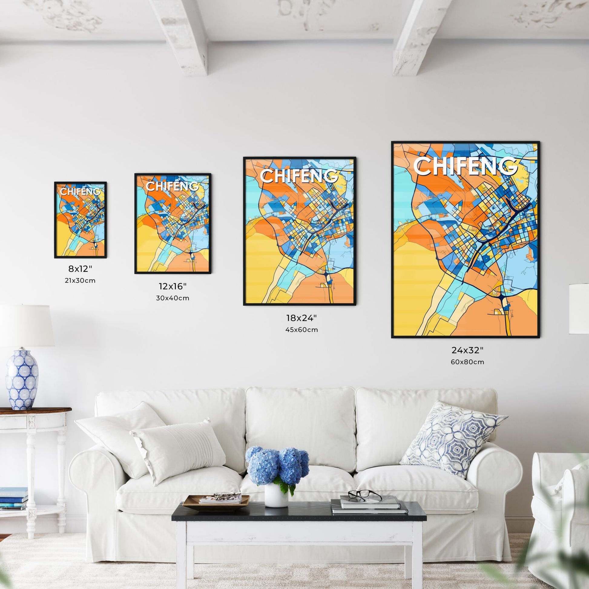 CHIFENG CHINA Vibrant Colorful Art Map Poster Blue Orange