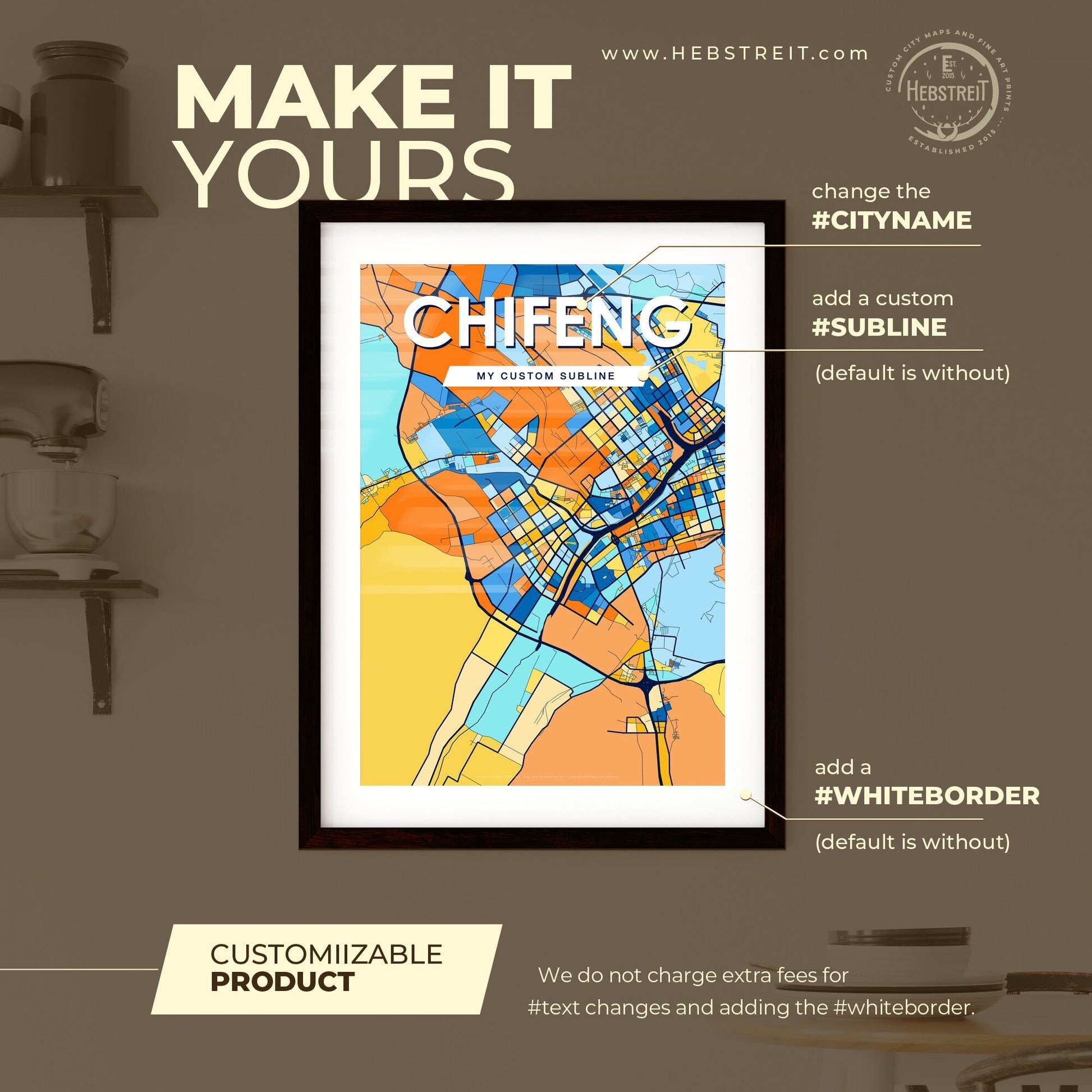 CHIFENG CHINA Vibrant Colorful Art Map Poster Blue Orange