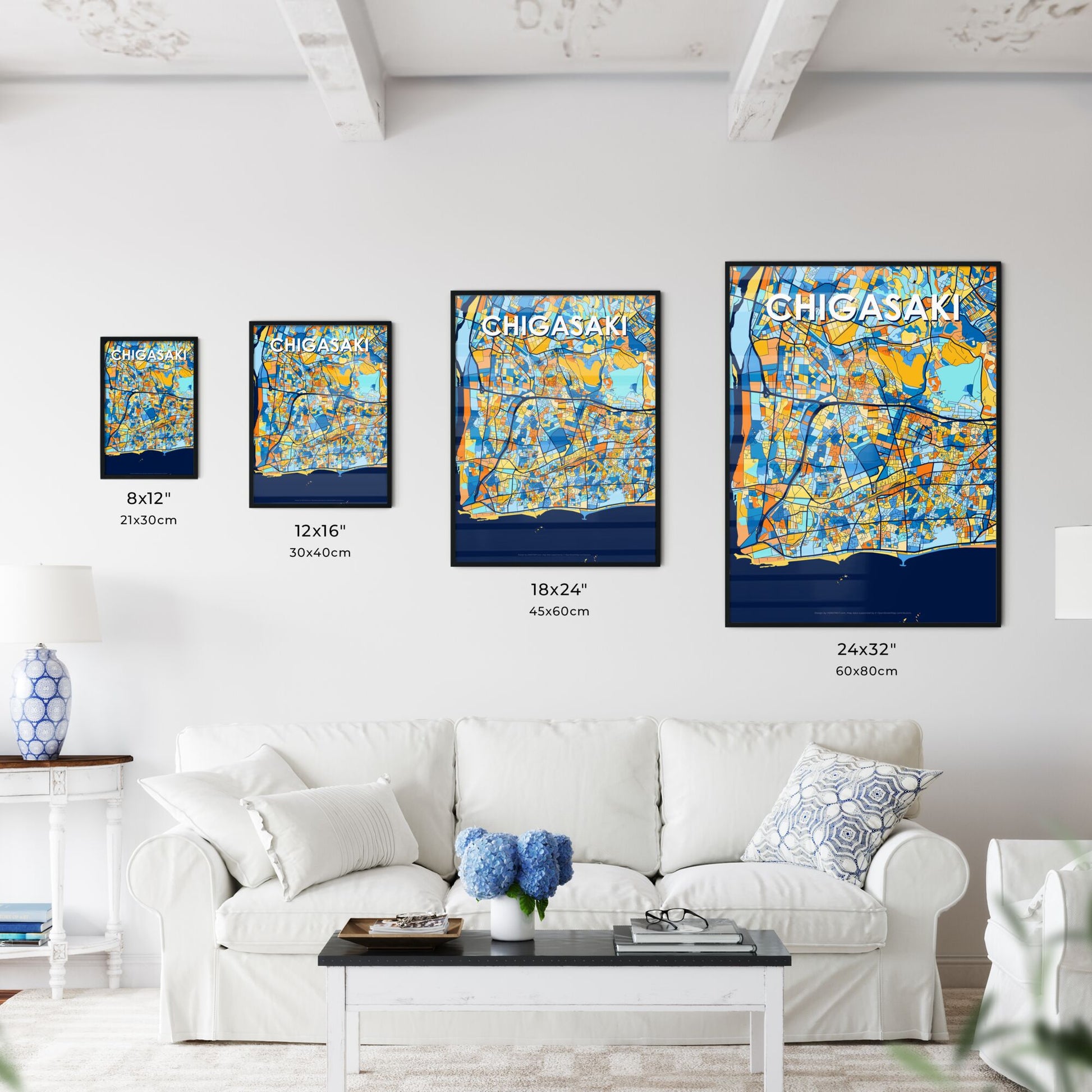CHIGASAKI JAPAN Vibrant Colorful Art Map Poster Blue Orange