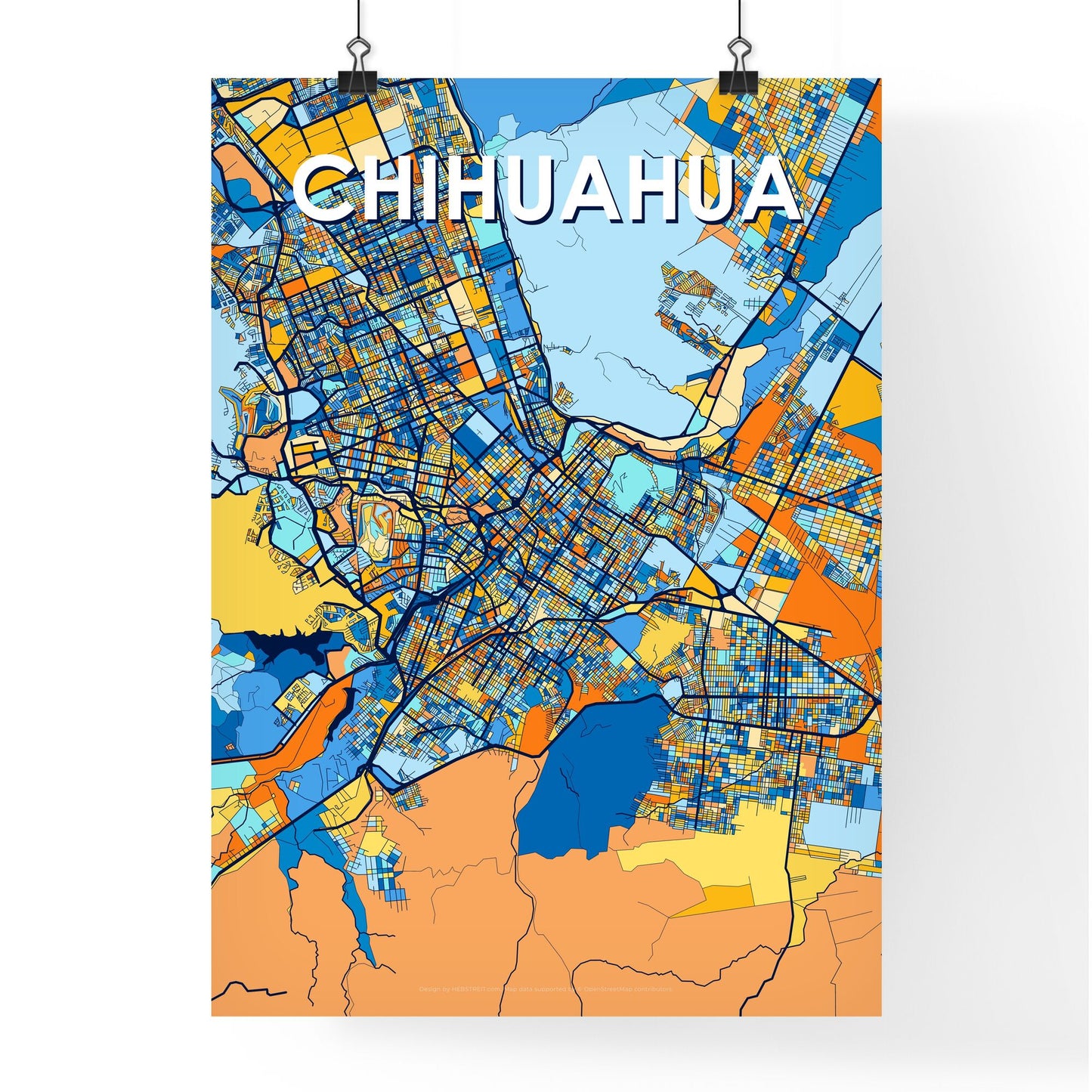 CHIHUAHUA MEXICO Vibrant Colorful Art Map Poster Blue Orange