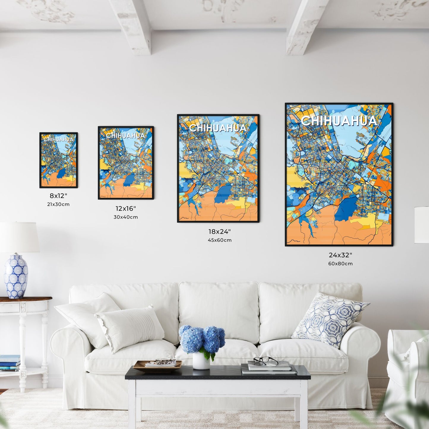 CHIHUAHUA MEXICO Vibrant Colorful Art Map Poster Blue Orange