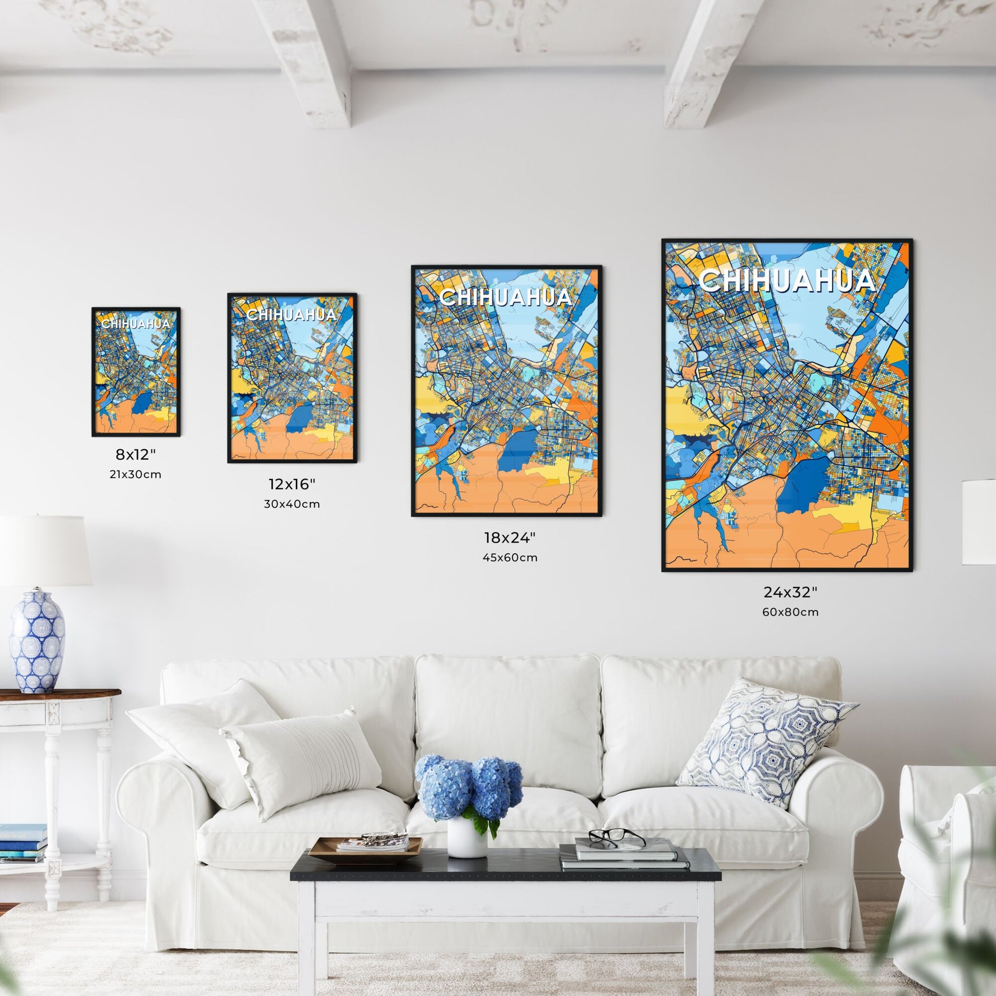 CHIHUAHUA MEXICO Vibrant Colorful Art Map Poster Blue Orange