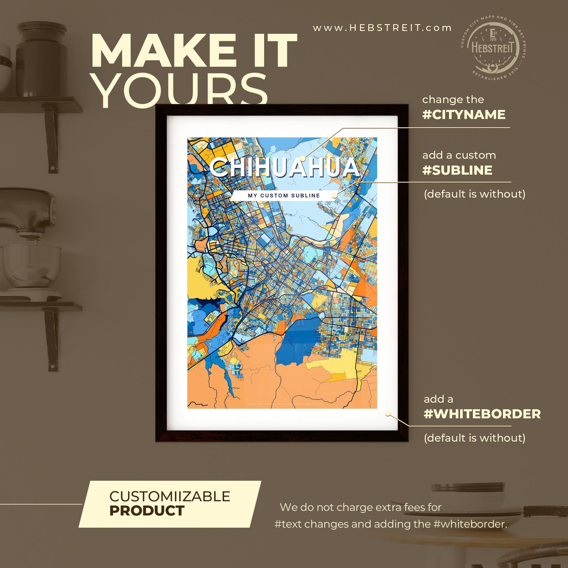 CHIHUAHUA MEXICO Vibrant Colorful Art Map Poster Blue Orange