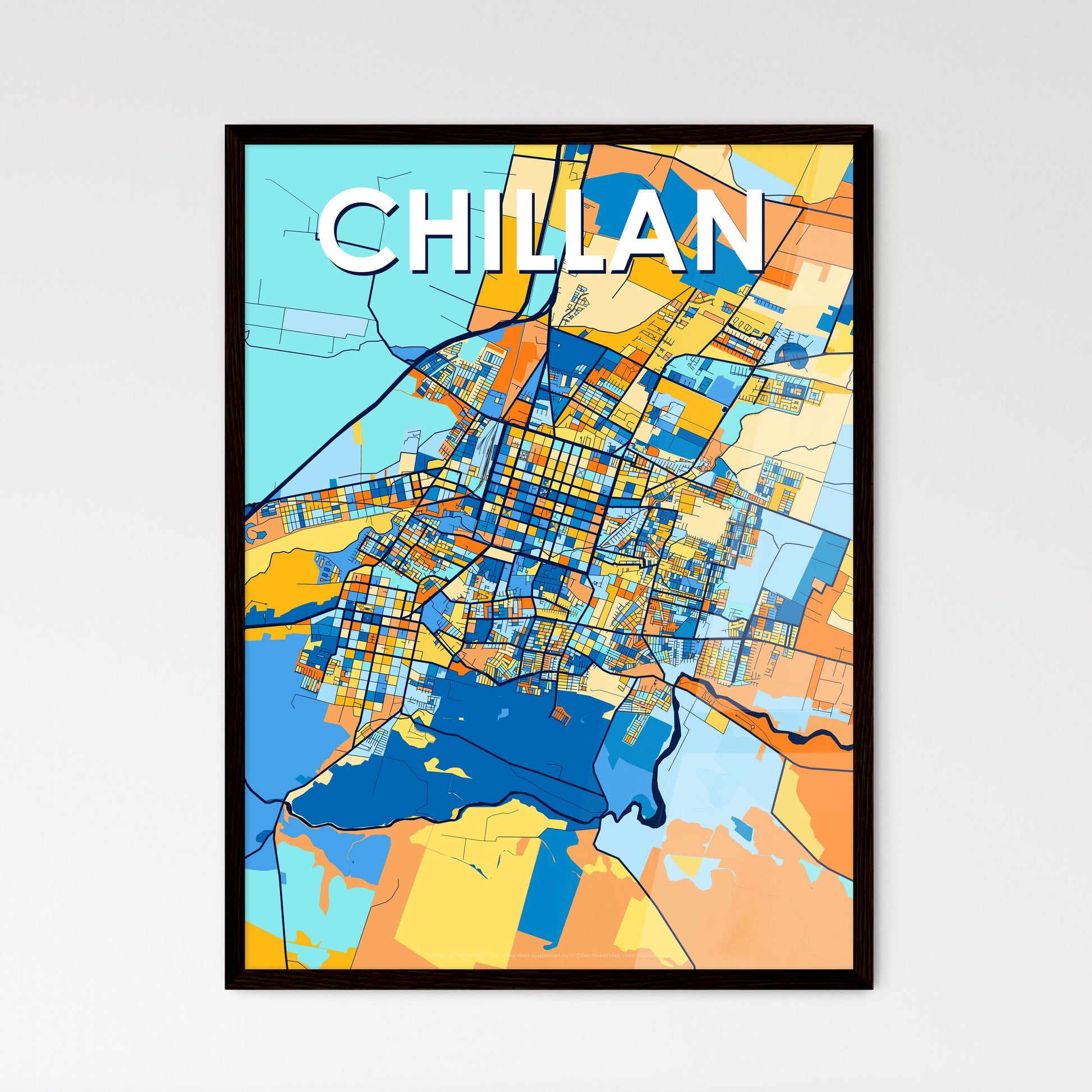 CHILLAN CHILE Vibrant Colorful Art Map Poster Blue Orange