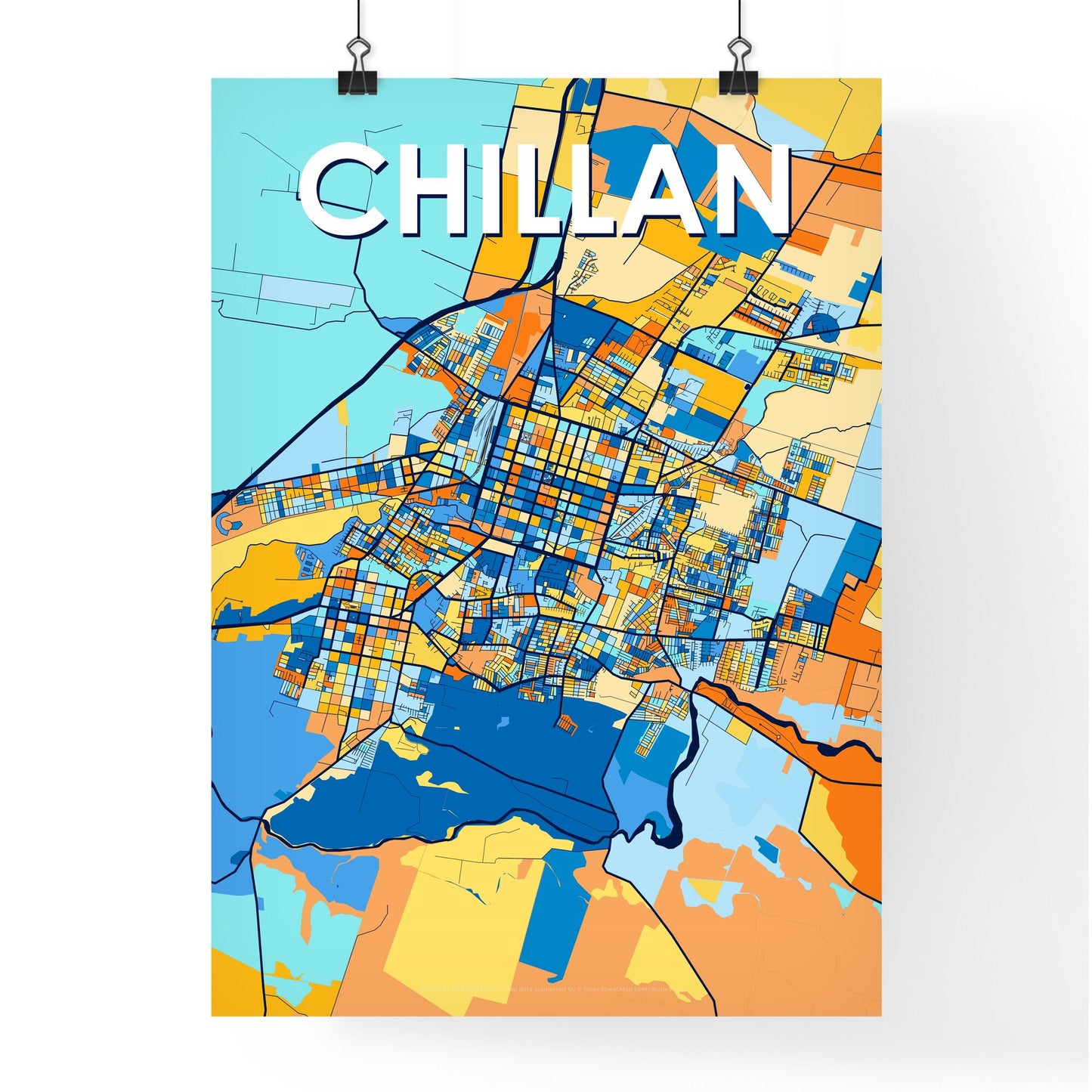 CHILLAN CHILE Vibrant Colorful Art Map Poster Blue Orange