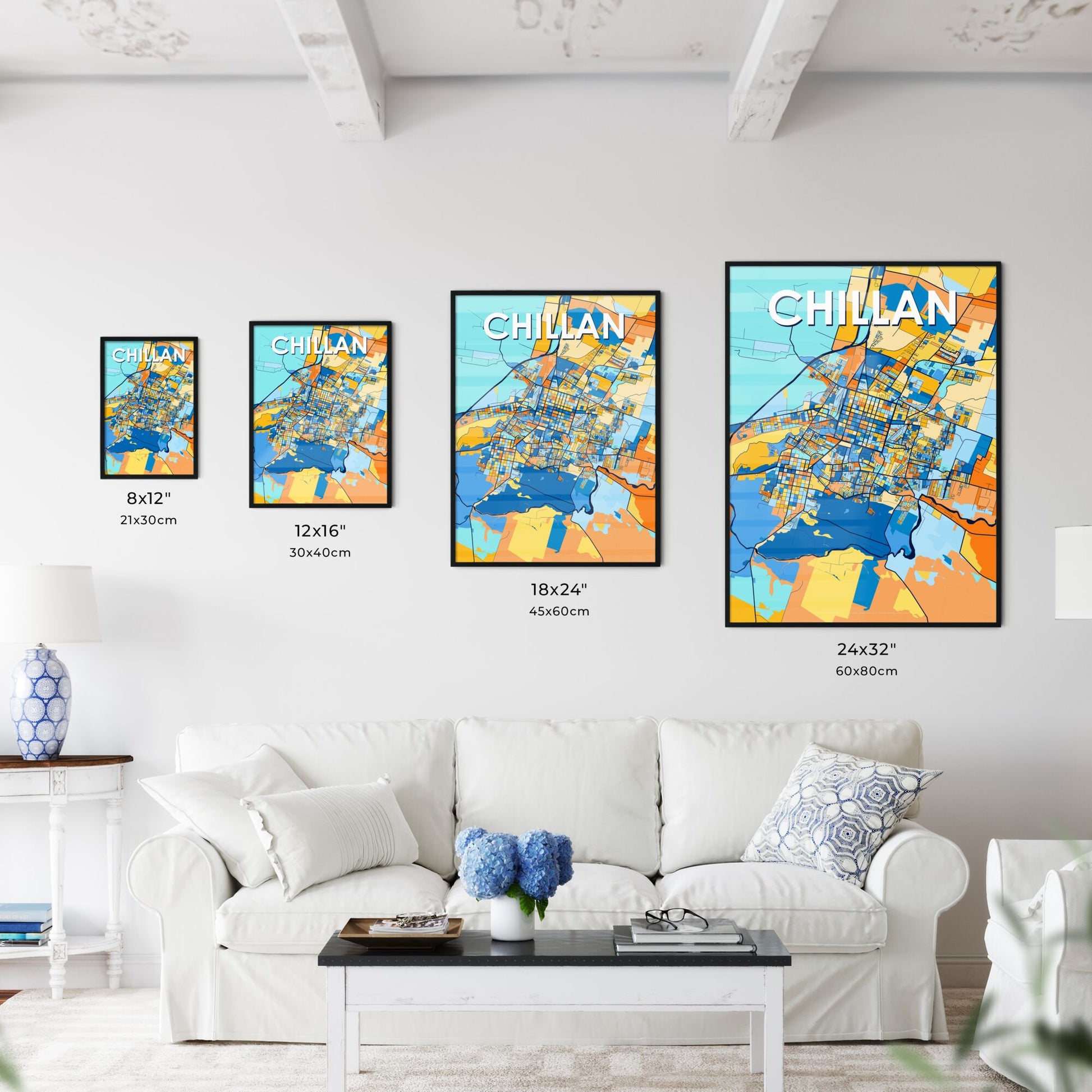 CHILLAN CHILE Vibrant Colorful Art Map Poster Blue Orange