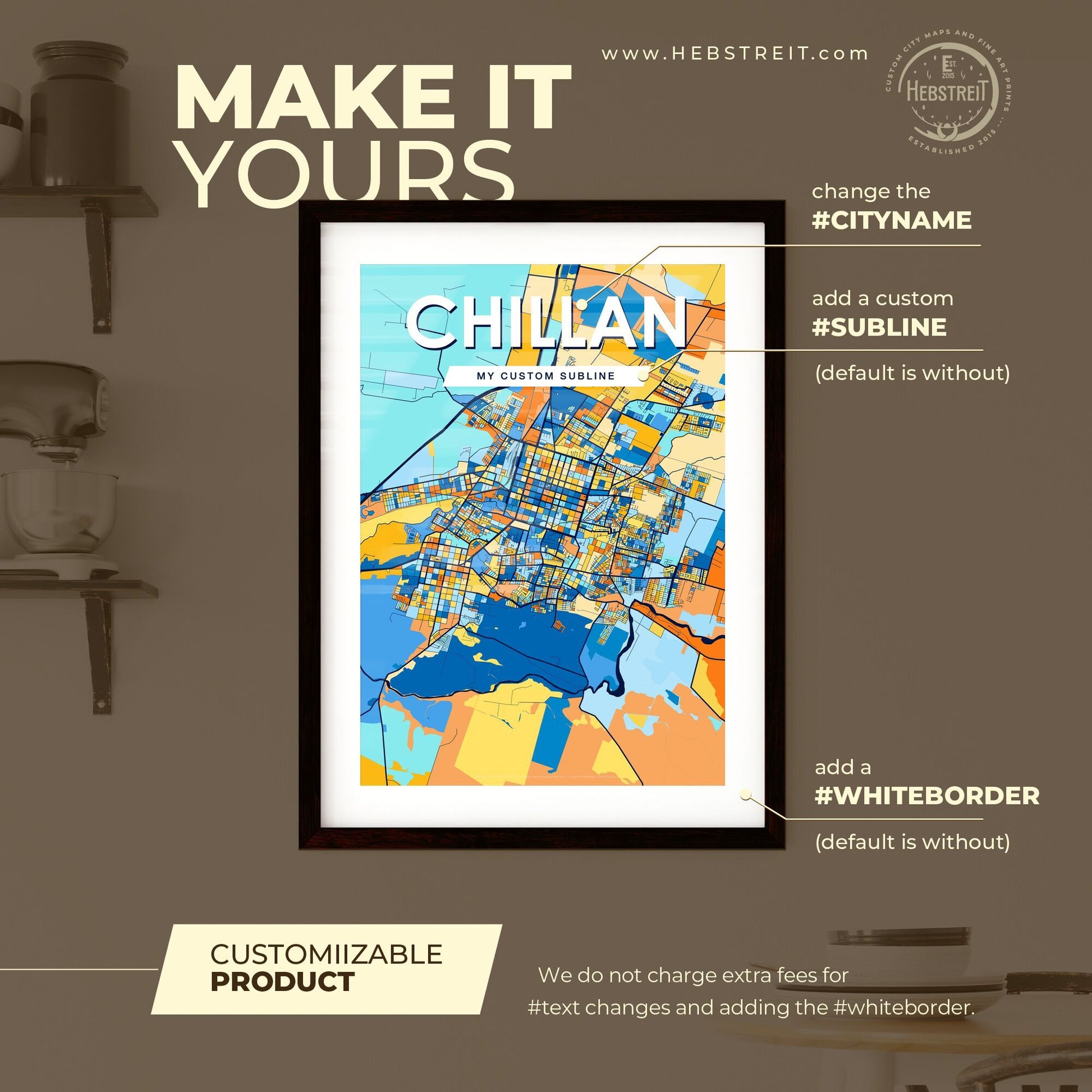 CHILLAN CHILE Vibrant Colorful Art Map Poster Blue Orange