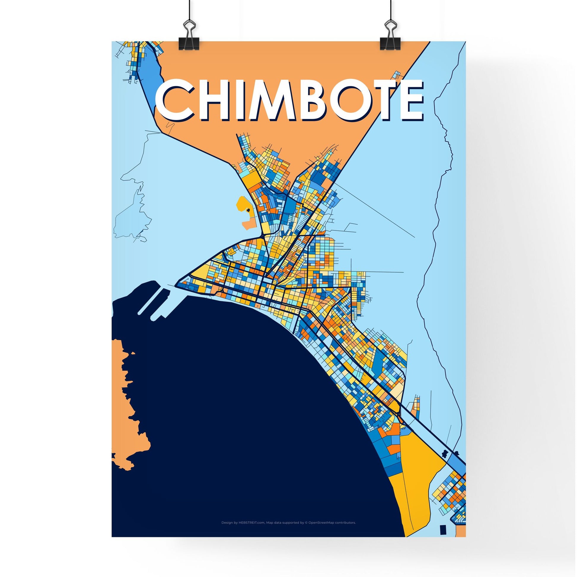 CHIMBOTE PERU Vibrant Colorful Art Map Poster Blue Orange