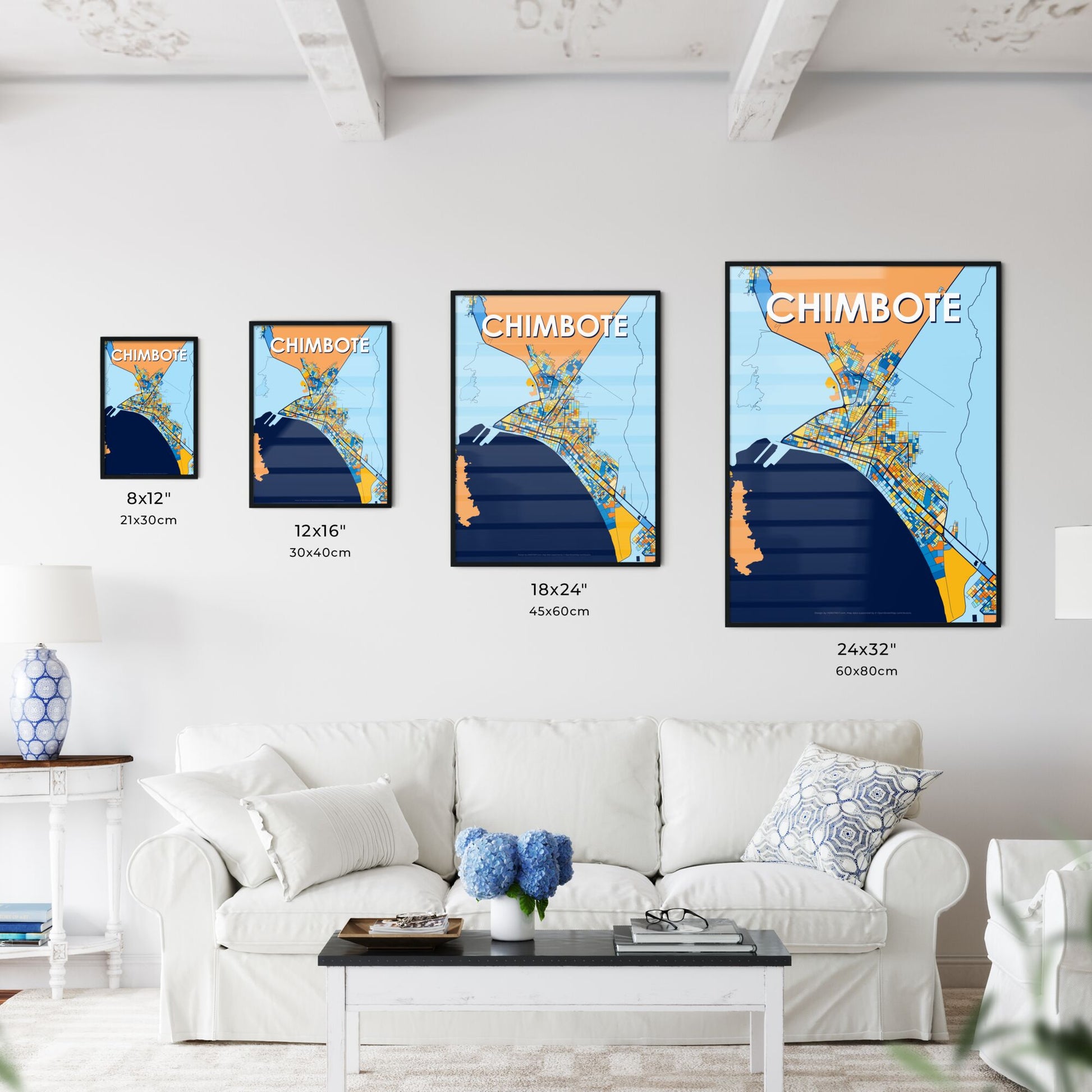 CHIMBOTE PERU Vibrant Colorful Art Map Poster Blue Orange