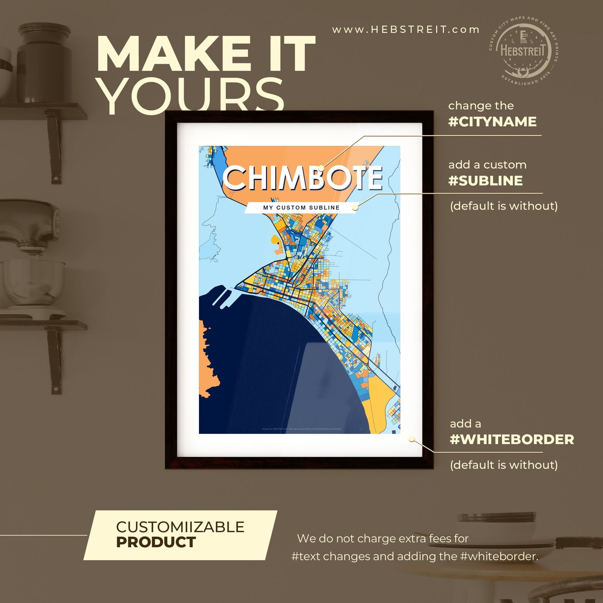 CHIMBOTE PERU Vibrant Colorful Art Map Poster Blue Orange