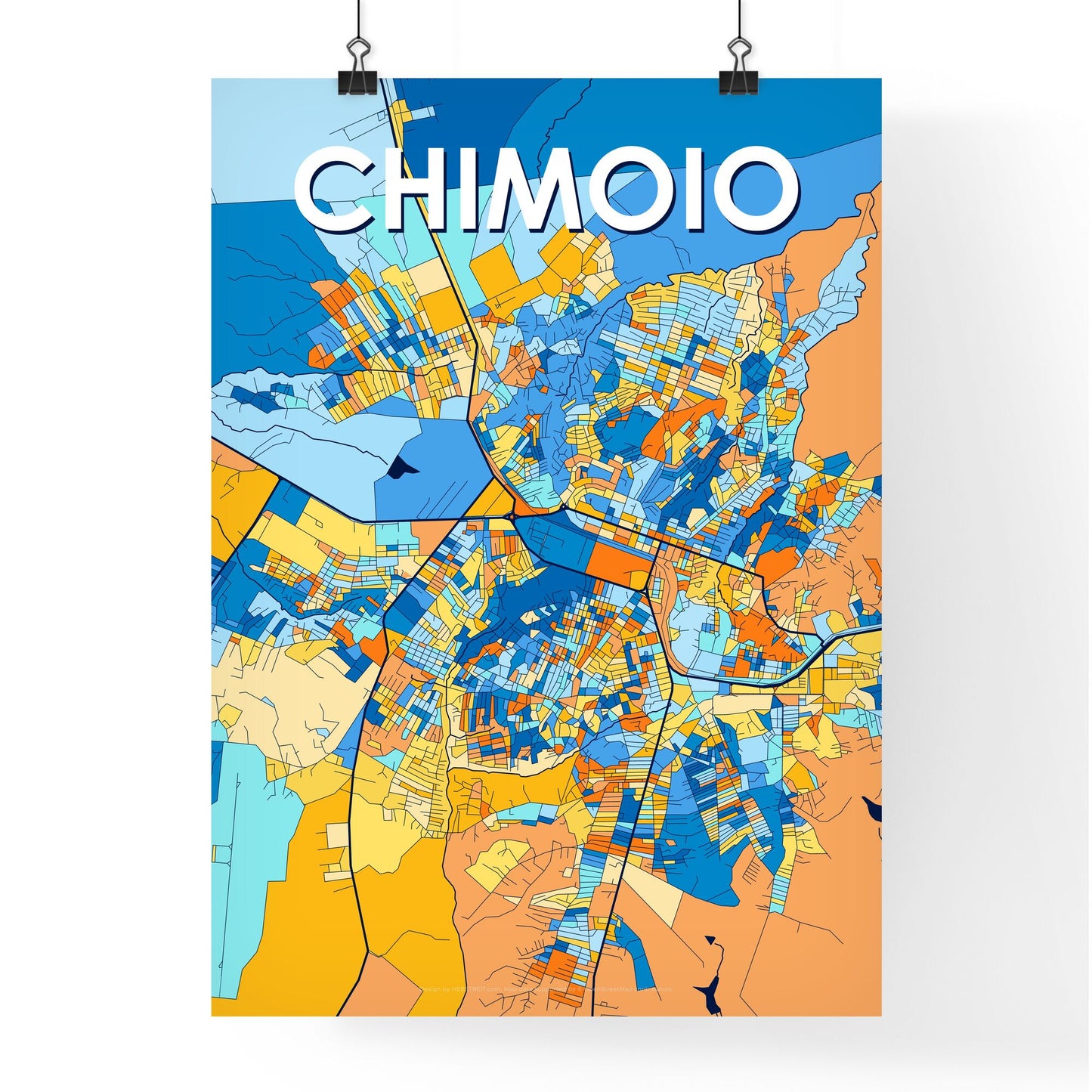 CHIMOIO MOZAMBIQUE Vibrant Colorful Art Map Poster Blue Orange