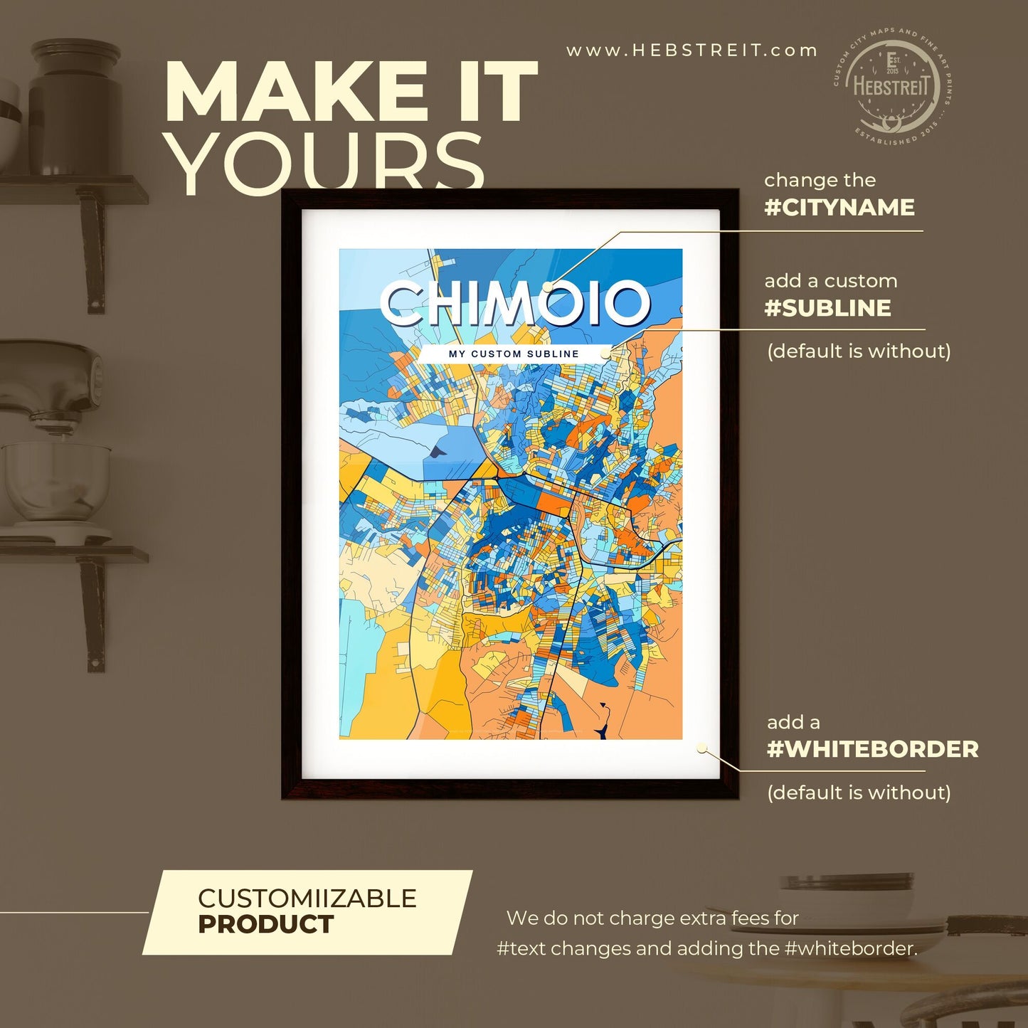 CHIMOIO MOZAMBIQUE Vibrant Colorful Art Map Poster Blue Orange