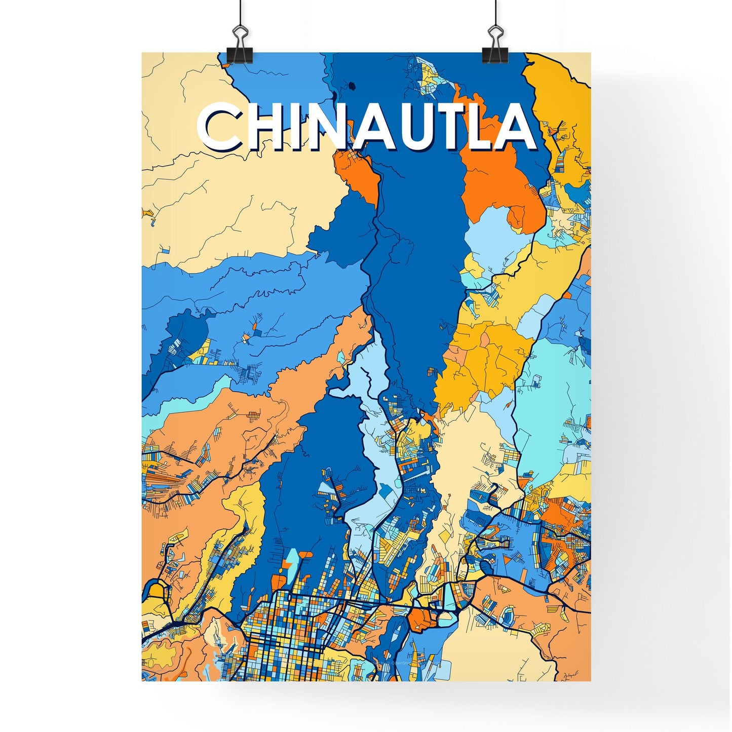 CHINAUTLA GUATEMALA Vibrant Colorful Art Map Poster Blue Orange