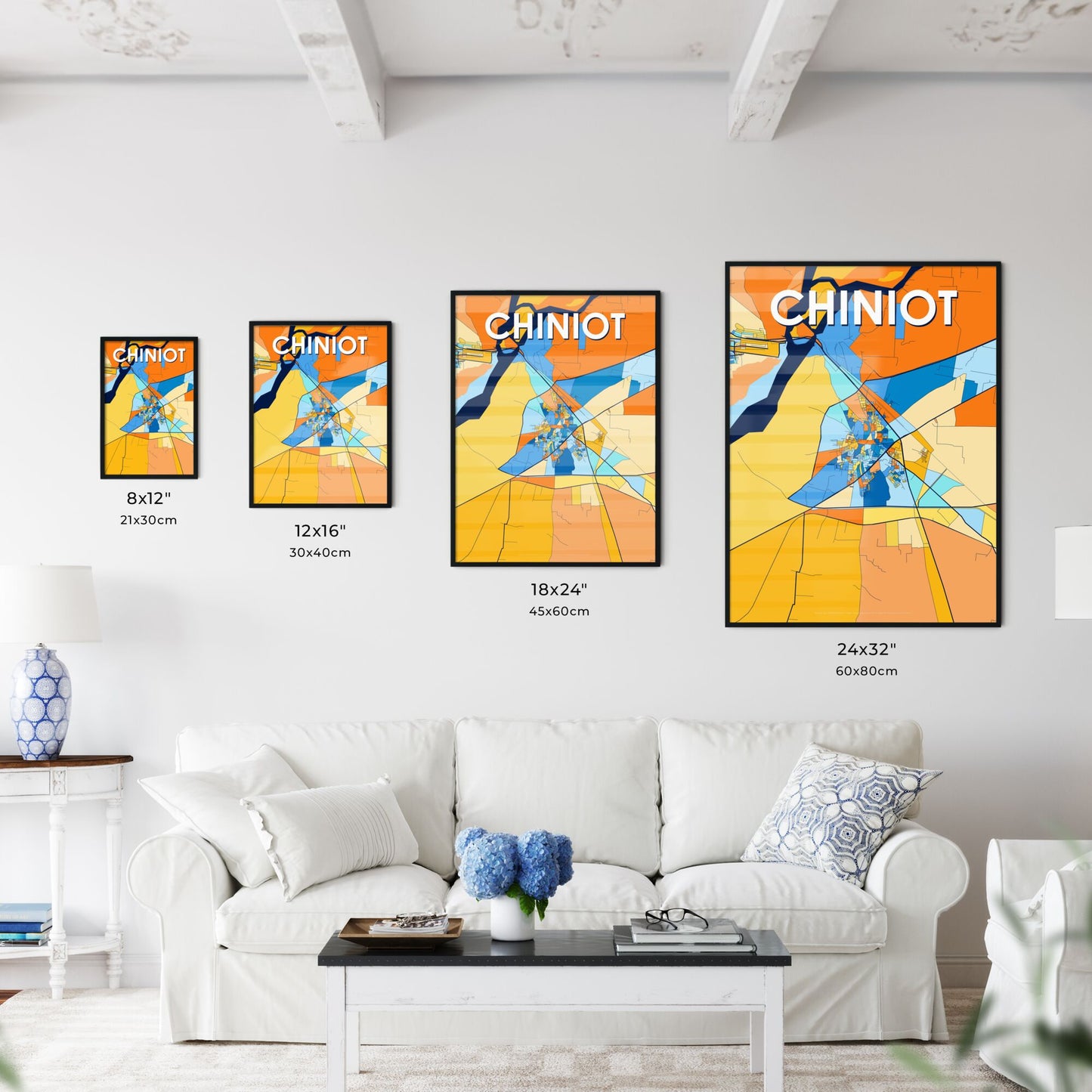 CHINIOT PAKISTAN Vibrant Colorful Art Map Poster Blue Orange