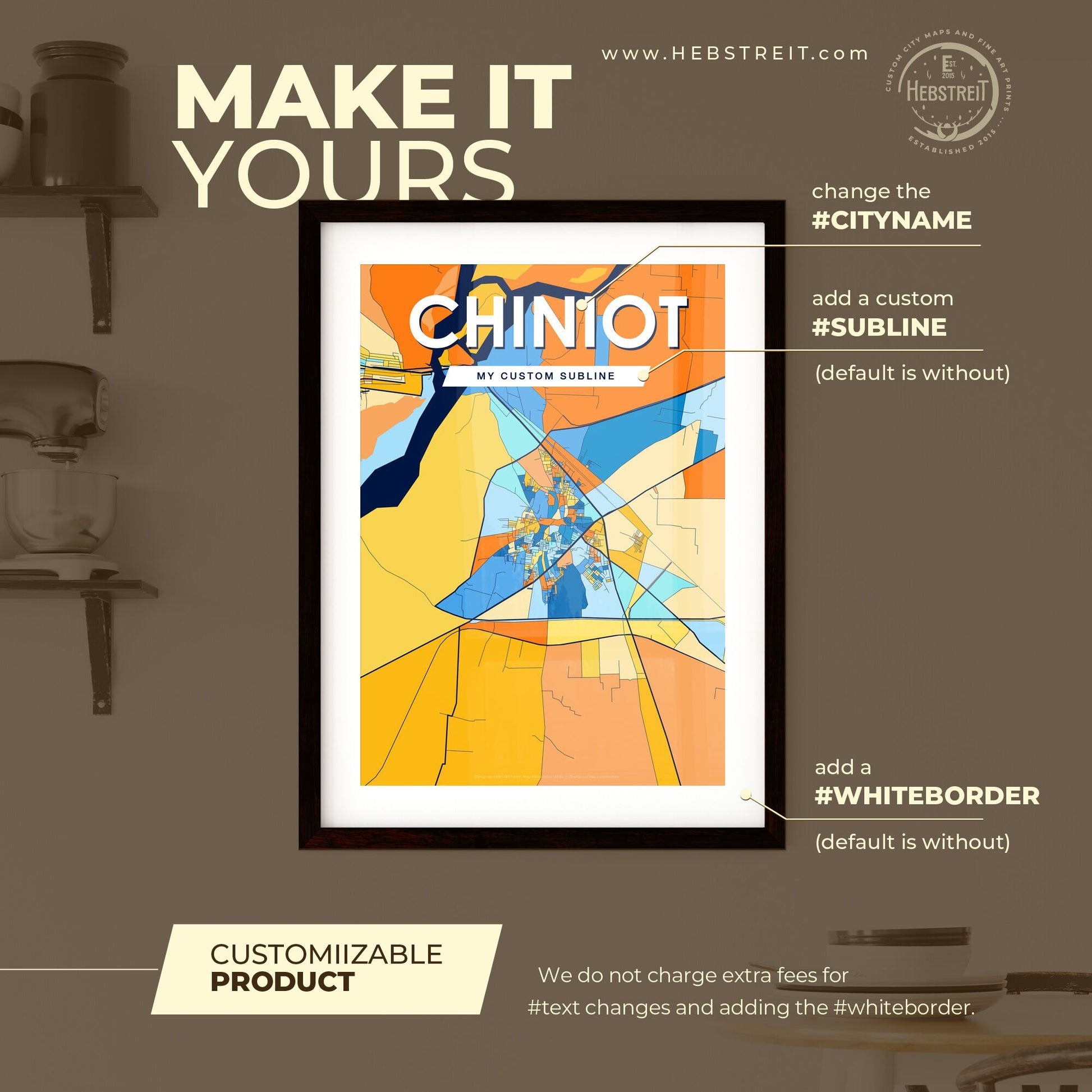 CHINIOT PAKISTAN Vibrant Colorful Art Map Poster Blue Orange