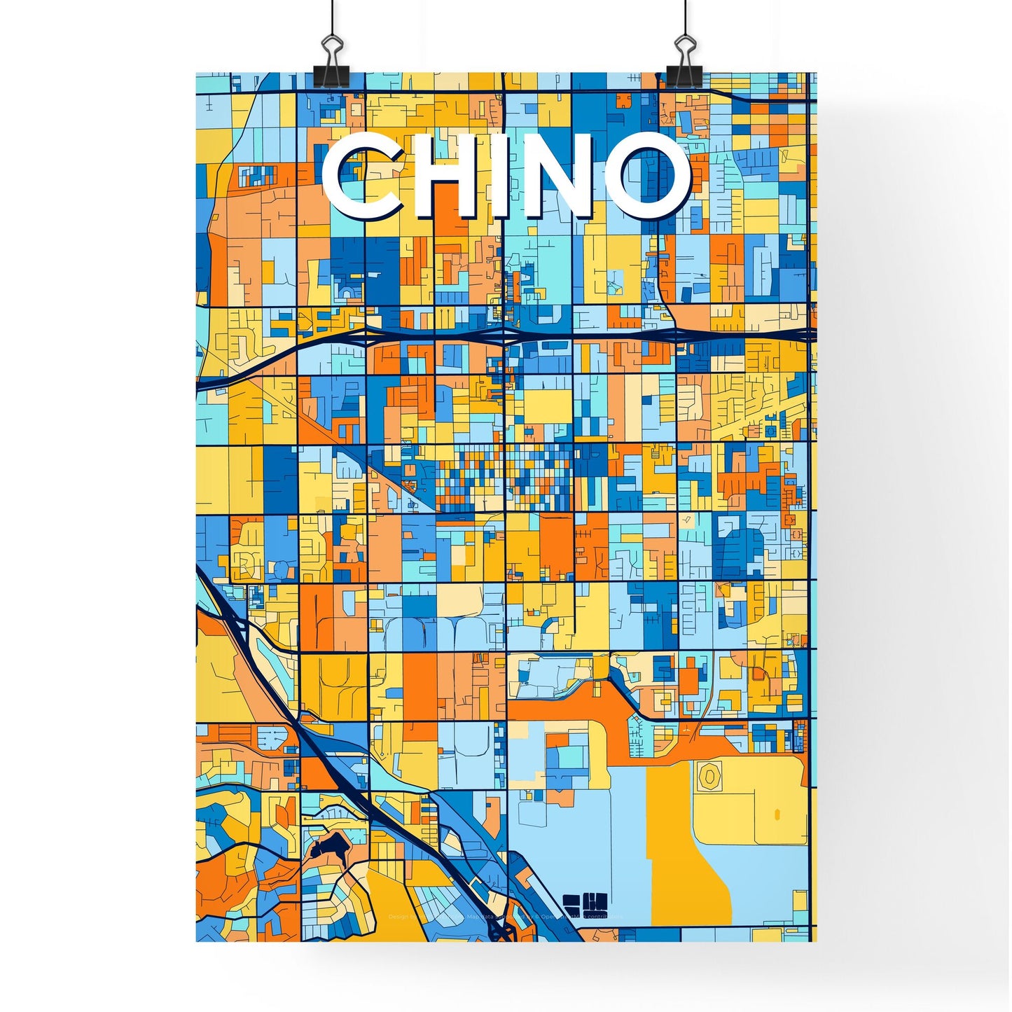 CHINO CALIFORNIA Vibrant Colorful Art Map Poster Blue Orange