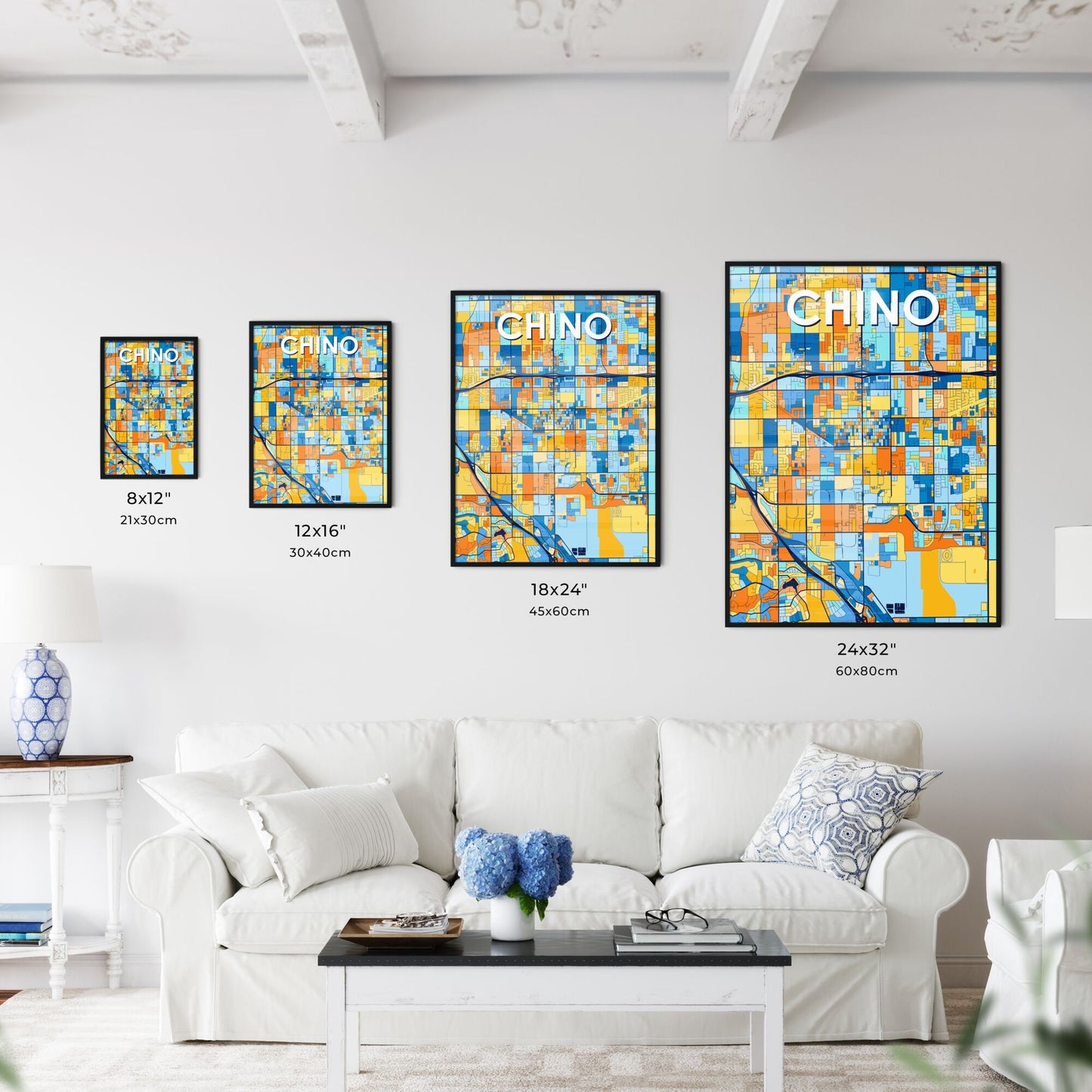 CHINO CALIFORNIA Vibrant Colorful Art Map Poster Blue Orange