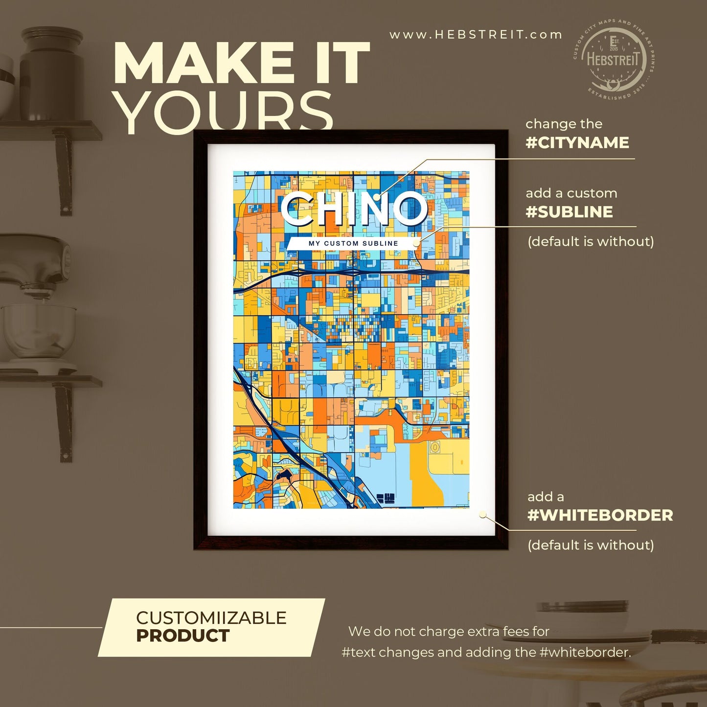 CHINO CALIFORNIA Vibrant Colorful Art Map Poster Blue Orange