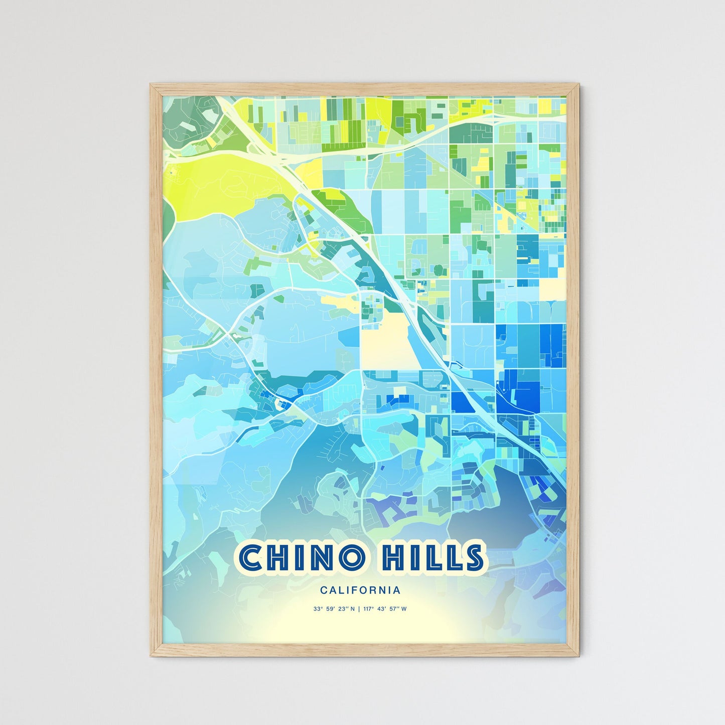 Colorful Chino Hills California Fine Art Map Cool Blue