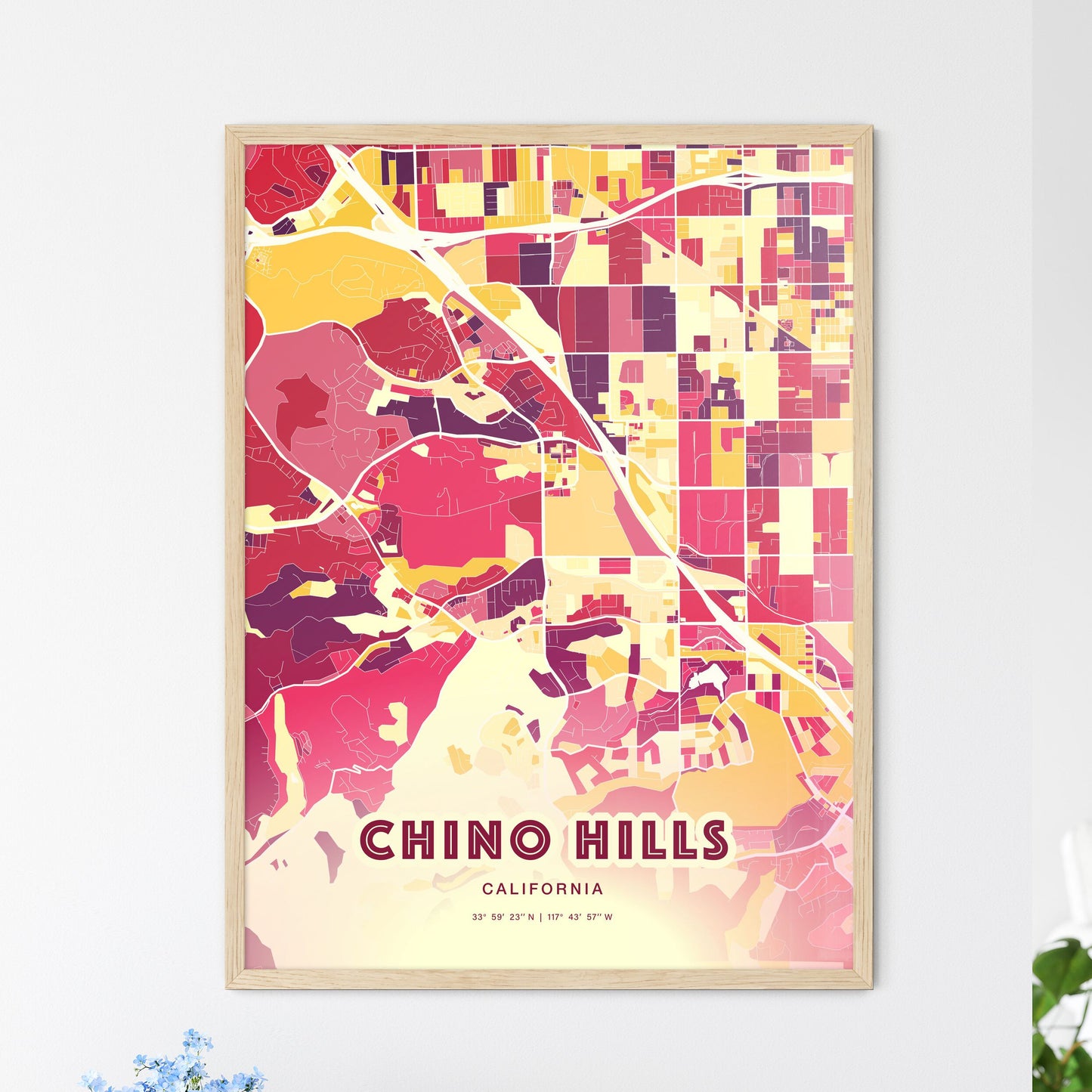 Colorful Chino Hills California Fine Art Map Hot Red