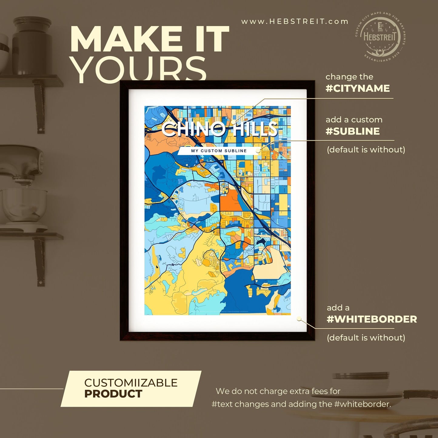 CHINO HILLS CALIFORNIA Vibrant Colorful Art Map Poster Blue Orange