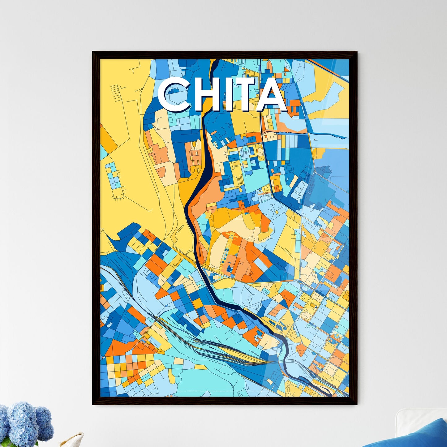 CHITA RUSSIA Vibrant Colorful Art Map Poster Blue Orange
