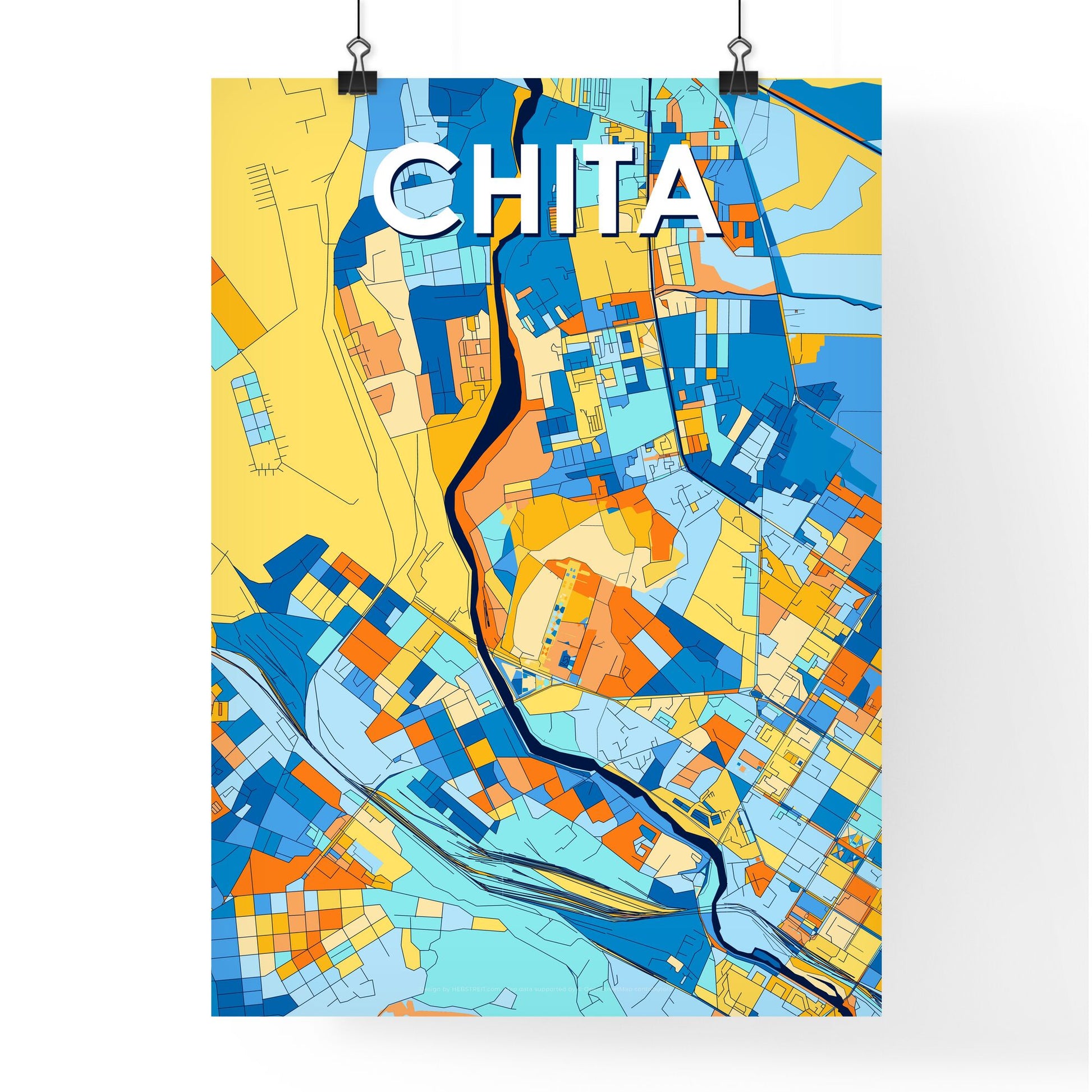 CHITA RUSSIA Vibrant Colorful Art Map Poster Blue Orange