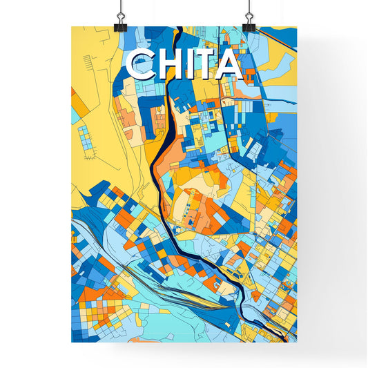CHITA RUSSIA Vibrant Colorful Art Map Poster Blue Orange