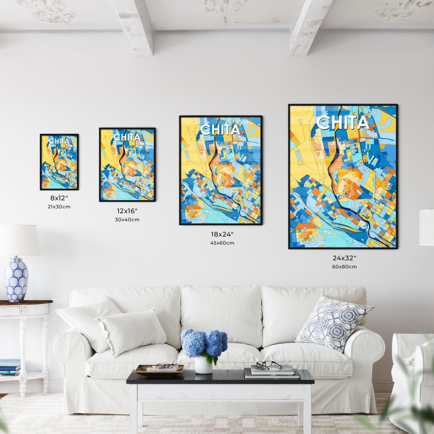 CHITA RUSSIA Vibrant Colorful Art Map Poster Blue Orange