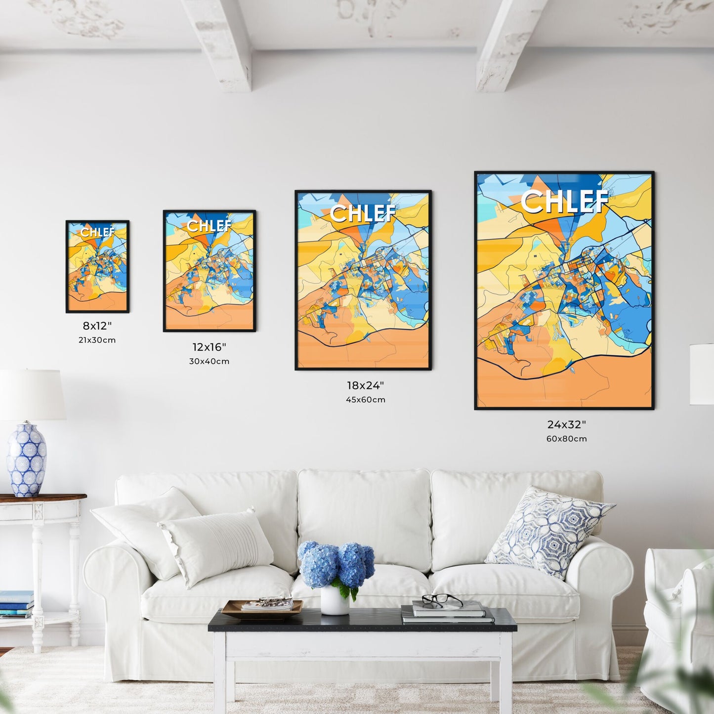 CHLEF ALGERIA Vibrant Colorful Art Map Poster Blue Orange