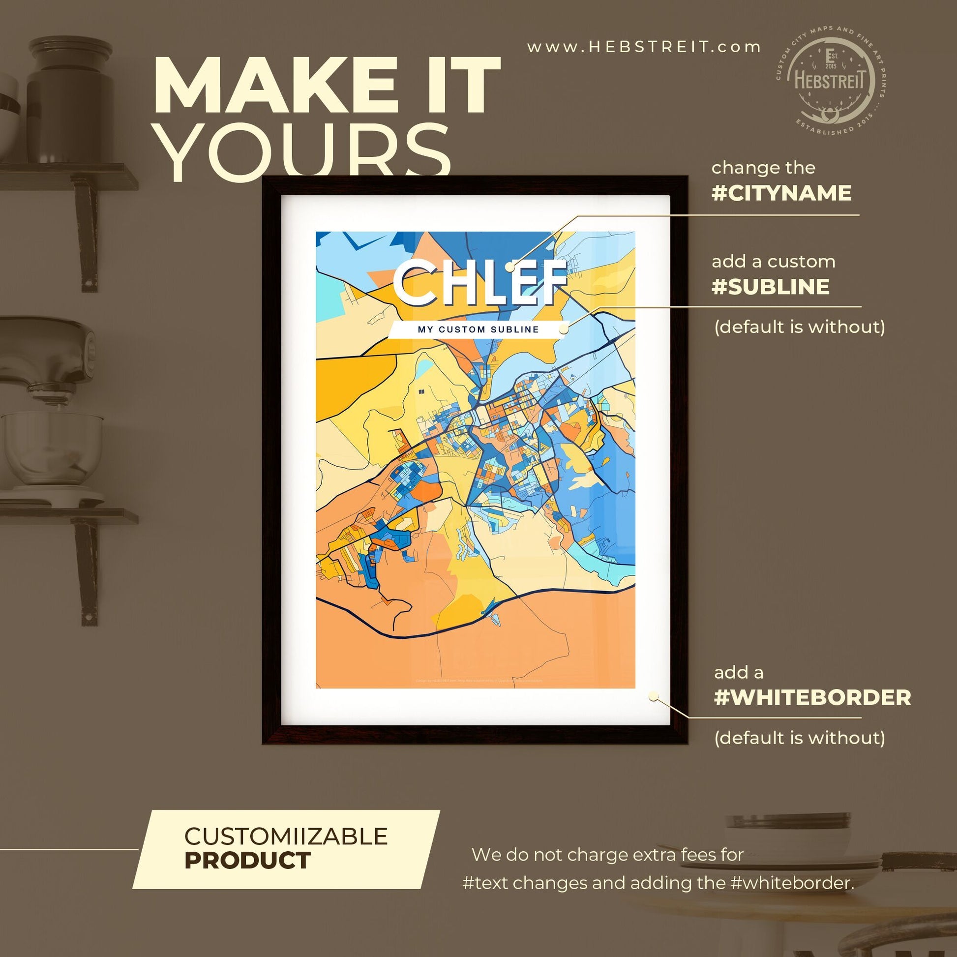 CHLEF ALGERIA Vibrant Colorful Art Map Poster Blue Orange