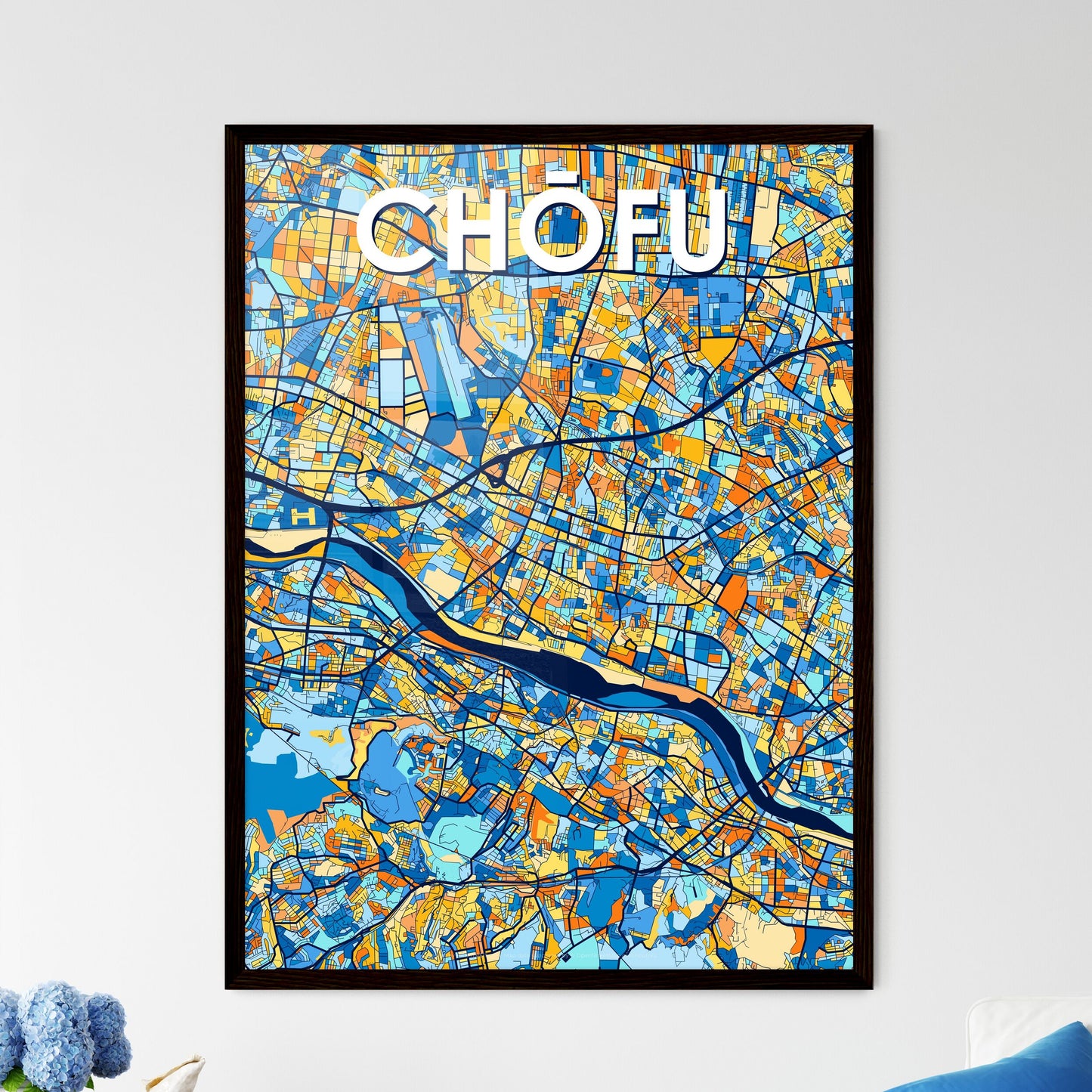 CHŌFU JAPAN Vibrant Colorful Art Map Poster Blue Orange