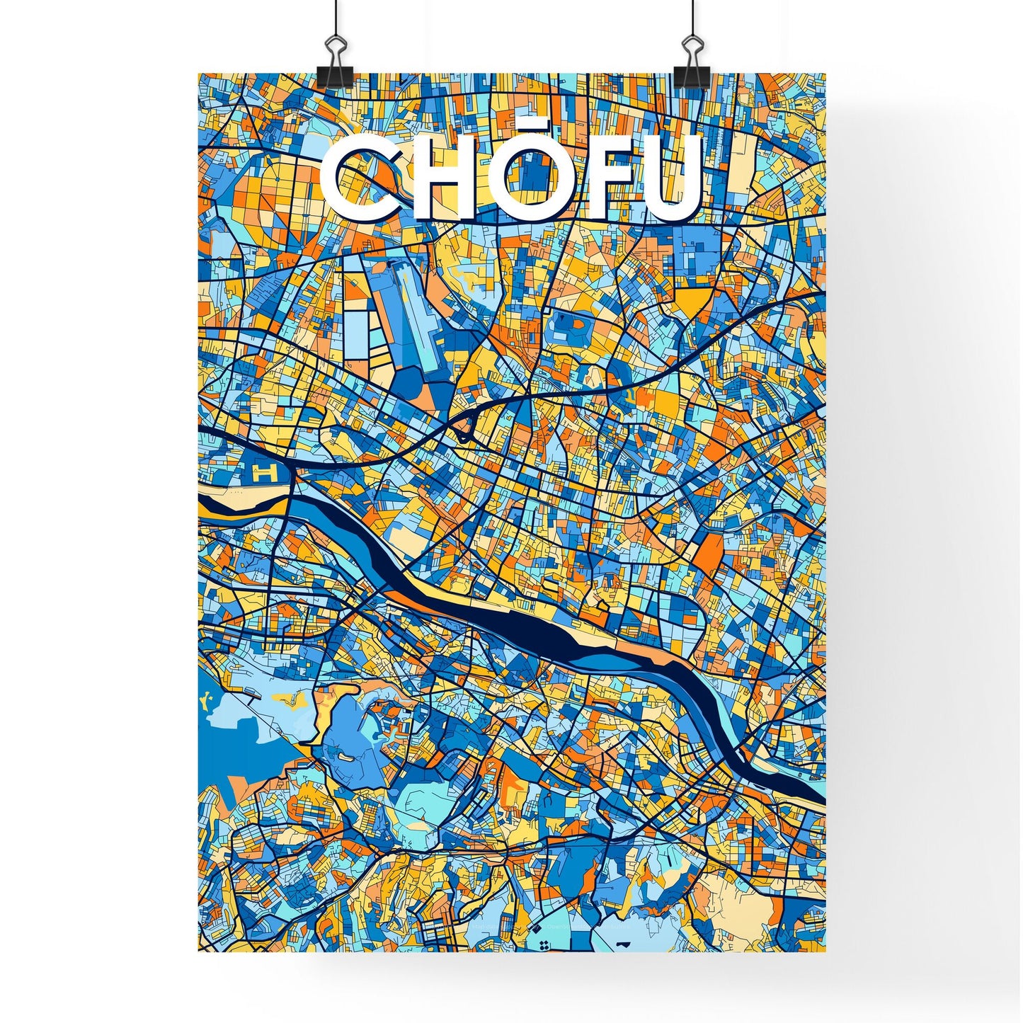 CHŌFU JAPAN Vibrant Colorful Art Map Poster Blue Orange