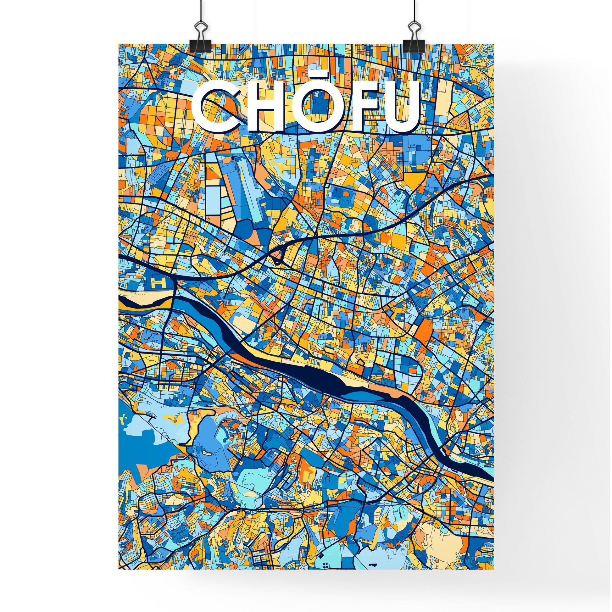 CHŌFU JAPAN Vibrant Colorful Art Map Poster Blue Orange