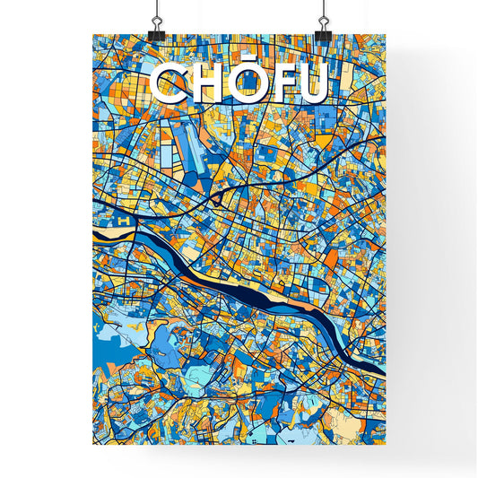 CHŌFU JAPAN Vibrant Colorful Art Map Poster Blue Orange
