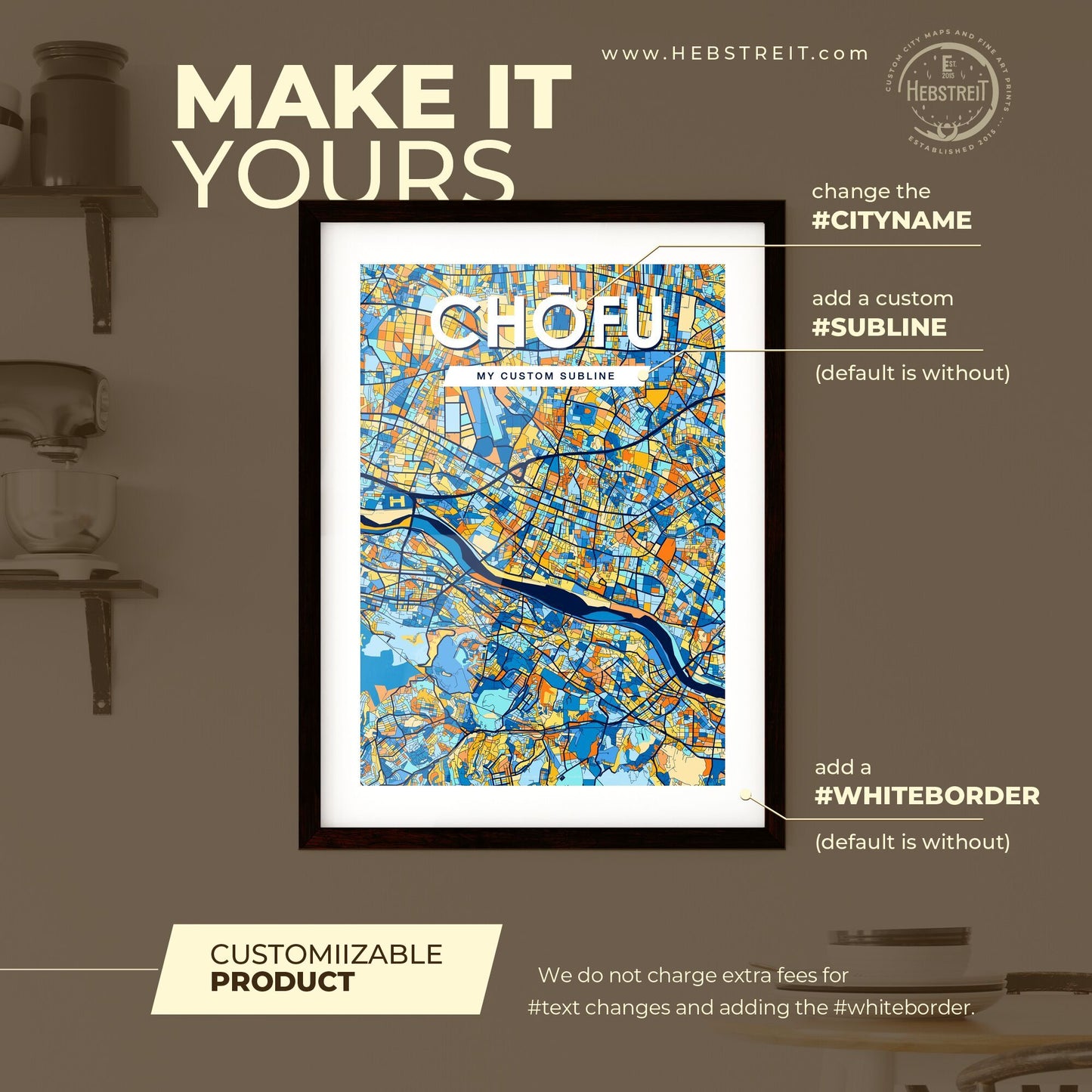 CHŌFU JAPAN Vibrant Colorful Art Map Poster Blue Orange