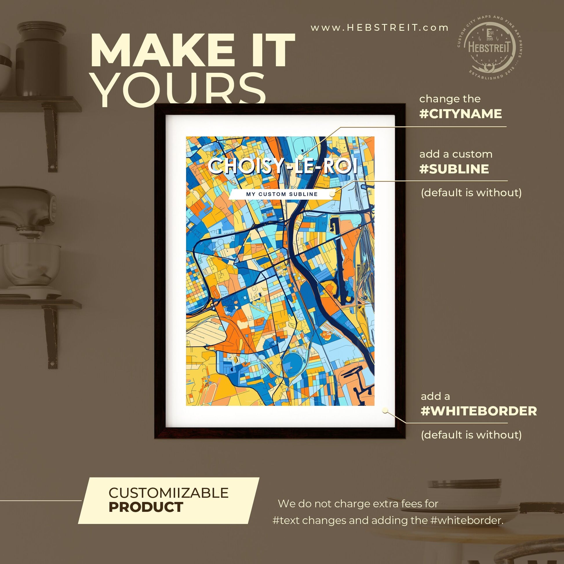 CHOISY-LE-ROI FRANCE Vibrant Colorful Art Map Poster Blue Orange