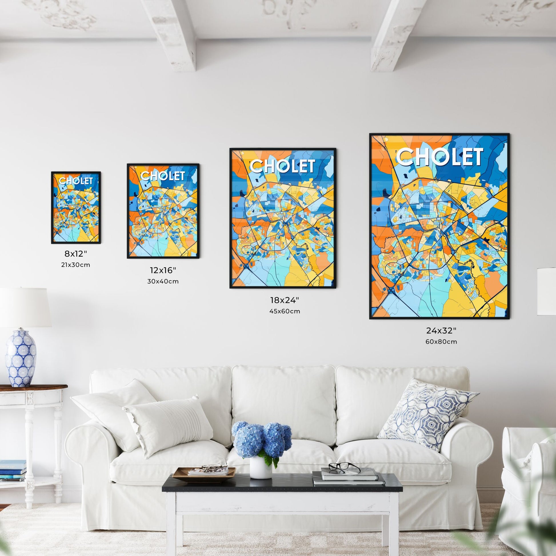 CHOLET FRANCE Vibrant Colorful Art Map Poster Blue Orange