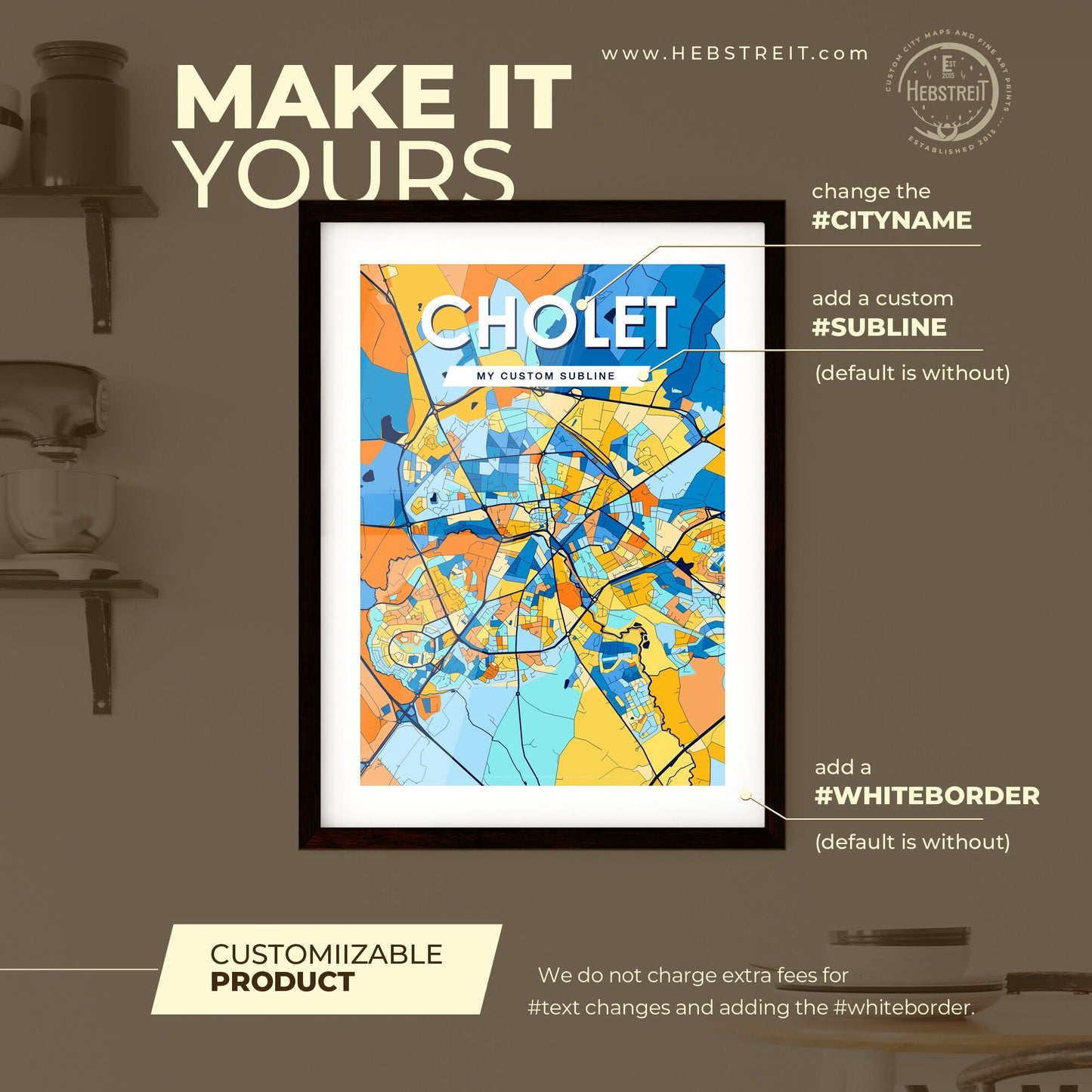 CHOLET FRANCE Vibrant Colorful Art Map Poster Blue Orange
