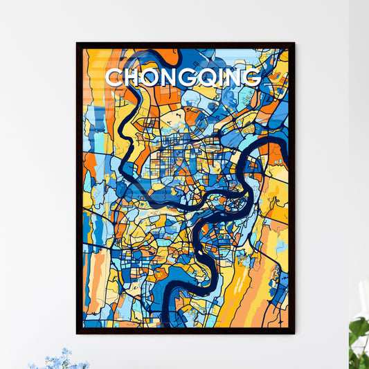 CHONGQING CHINA Vibrant Colorful Art Map Poster Blue Orange