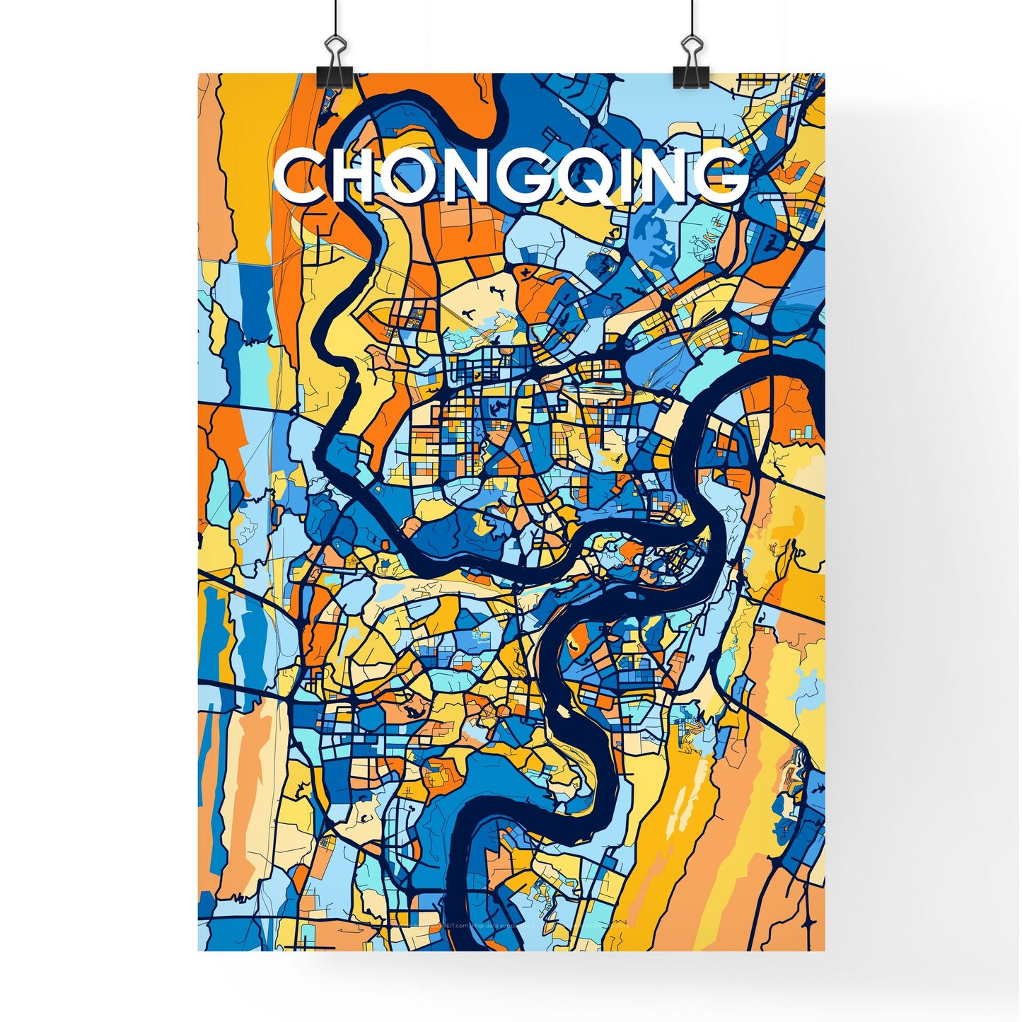 CHONGQING CHINA Vibrant Colorful Art Map Poster Blue Orange