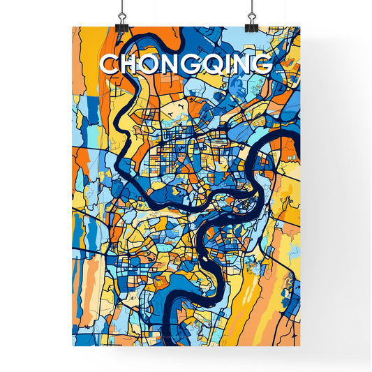 CHONGQING CHINA Vibrant Colorful Art Map Poster Blue Orange